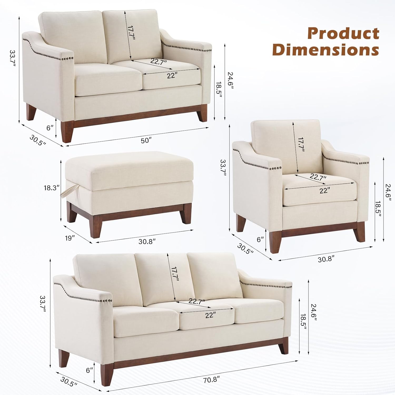 HAOMARKETS 4-Piece Living Room Sofa Set with Coffee Table, Vintage Rivet Couch Sets with Solid Wood Legs, Sofas Furniture of Ottoman with Storage Space, Armchair, Loveseat and 3-Seat Sofa, Beige
