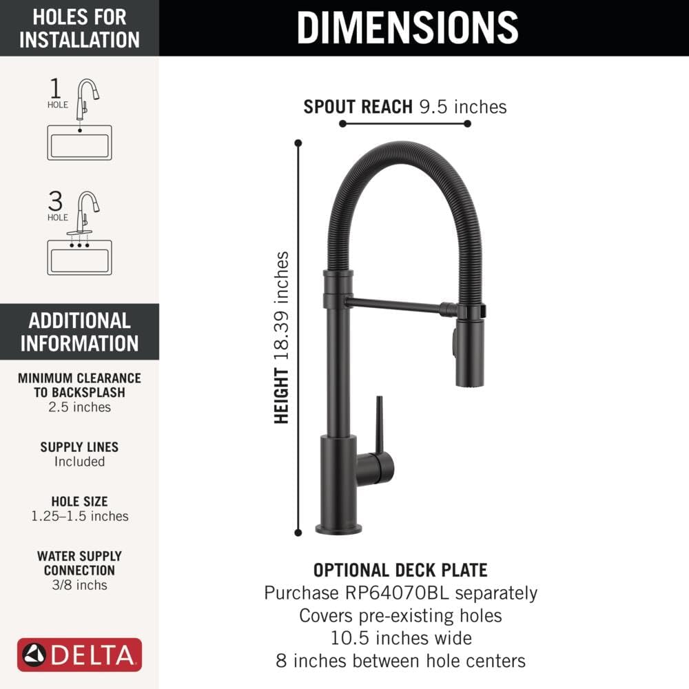 Delta Trinsic Pro Style Commercial Kitchen Faucet with Pull Down Sprayer, Single Hole Matte Black Kitchen Sink Faucet, Single Handle, Matte Black 9659-BL-DST