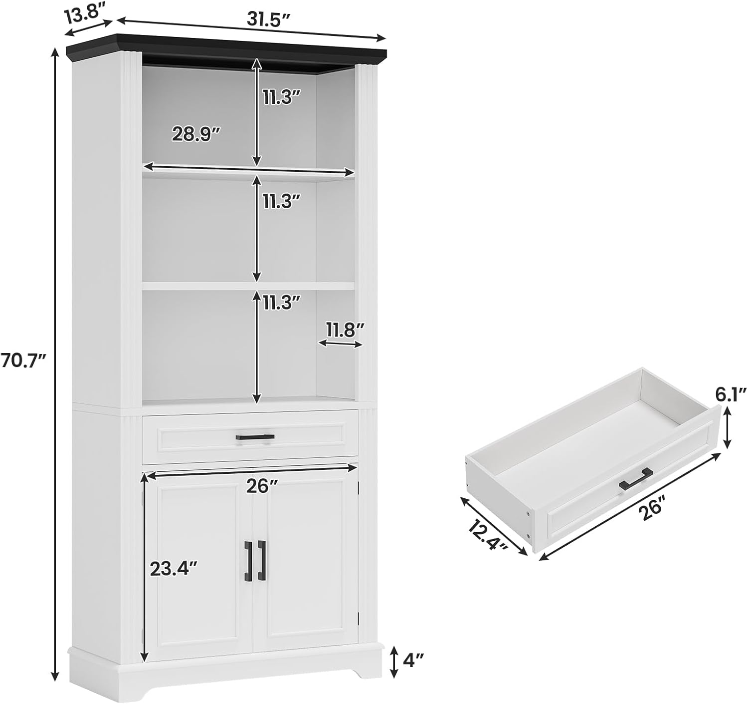SEDETA Farmhouse Bookshelves and Bookcases with Doors and Drawer, Bookshelf with Storage, Floor Standing 6 Shelf Display Storage Shelves 70 in Tall Bookshelf for Home Office, Living Room, White