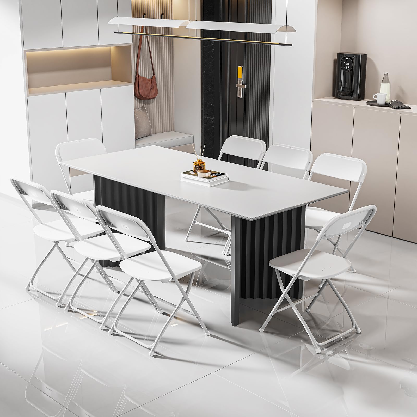 BONNLO Folding Chairs Set of 10 - White Plastic & Metal Frame