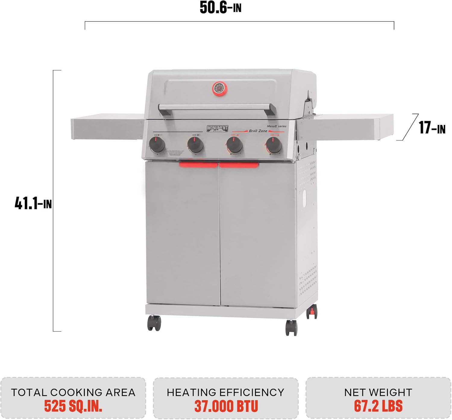 Monument Grills 4 Burner Stainless Steel Propane Mesa 2 Gas Grill, 500°F in 5 Mins, 525 sq.in, 37,000 BTU, with Broil Zone, Foldable Side Shelves, Knob Controls, Built in Thermometer, Mesa II 410BZ