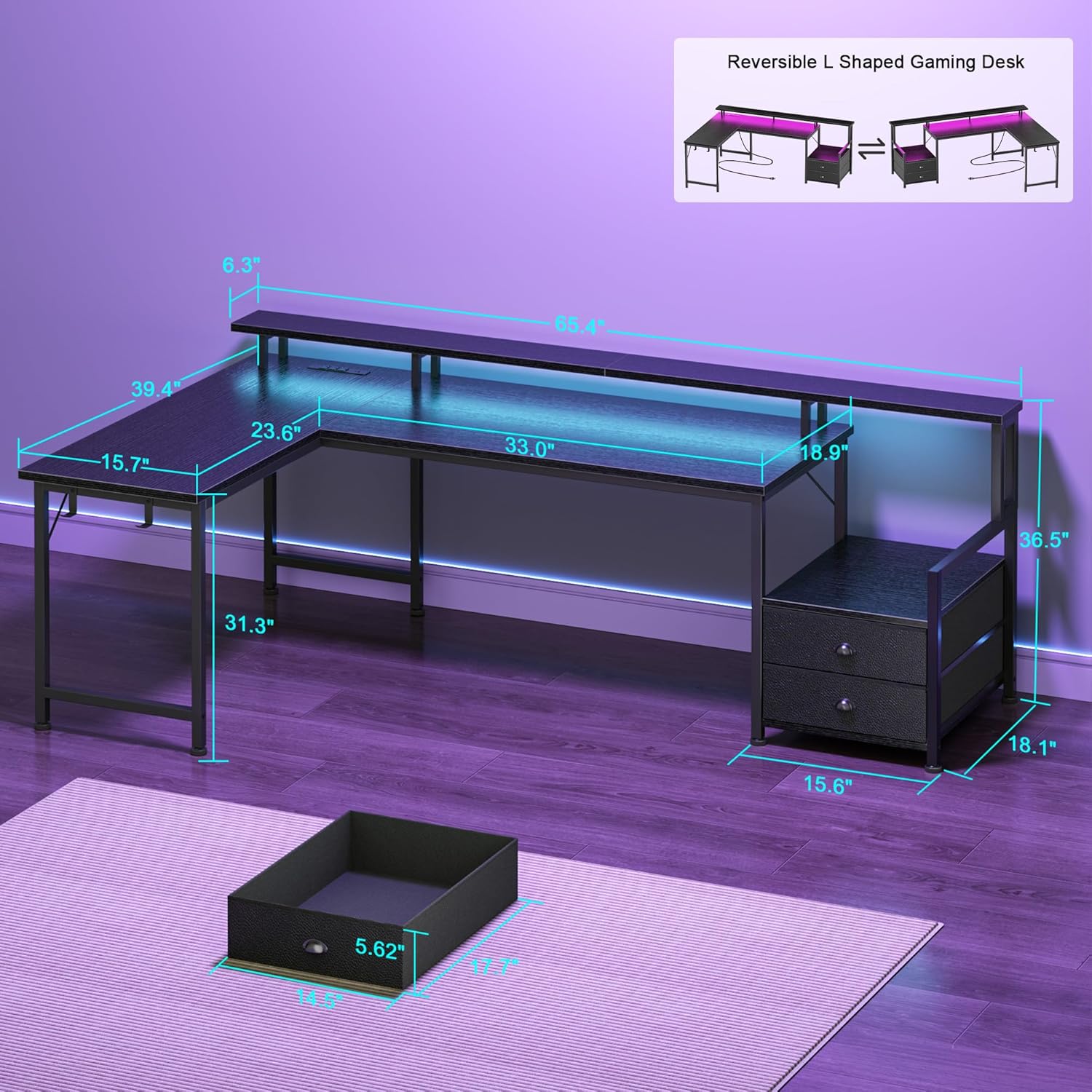 Korfile 66'' L Shaped Gaming Desk with Drawers and Storage Shelves, Reversible Corner Desk with Power Outlets and Host Stand, Large Computer Desk with Led Lights for Gaming, Work, Home Office, Black