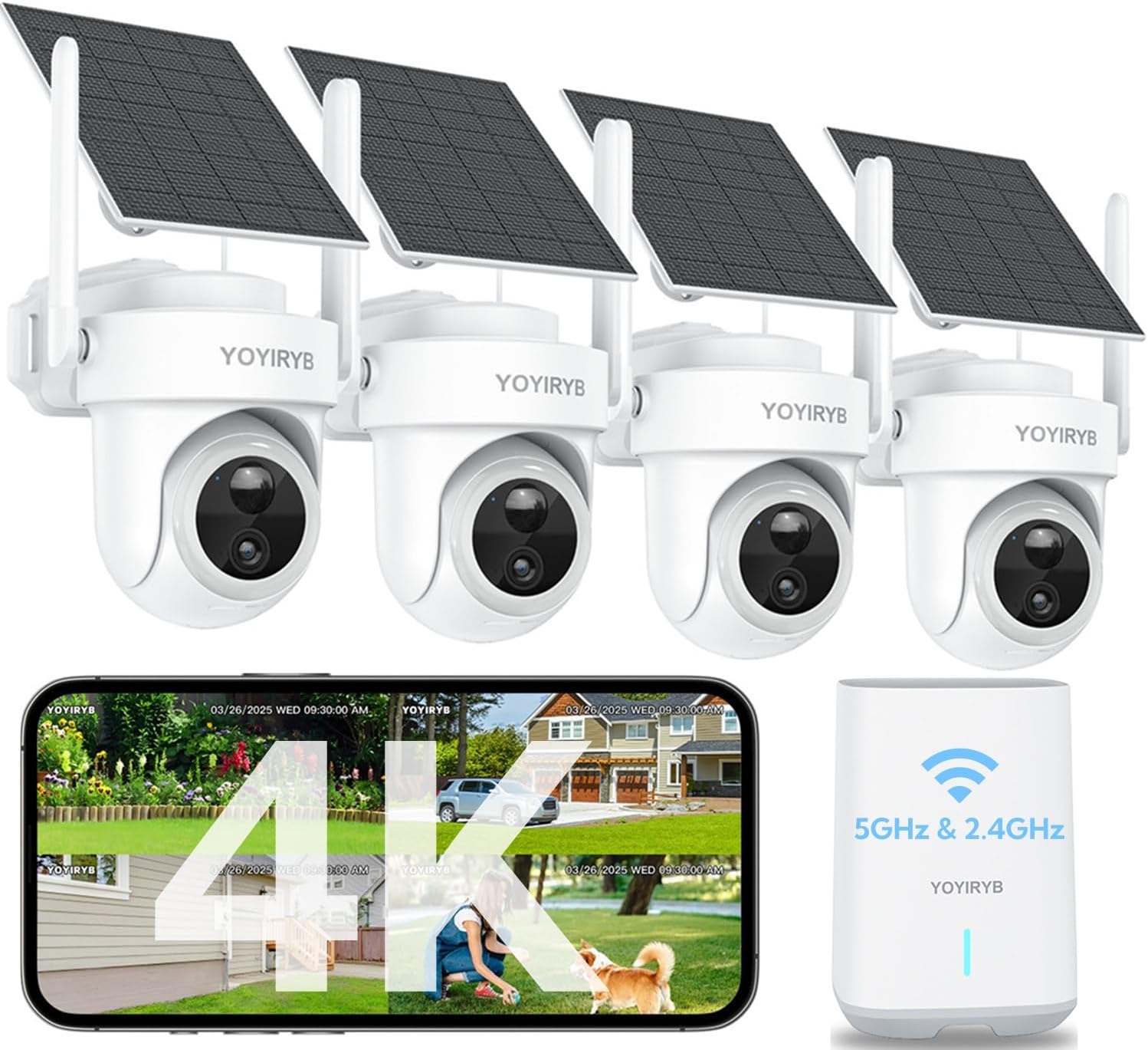 4K Security Cameras Wireless Outdoor, No Subscription, 2026 NEW Solar-Powered Home Security Camera System with 360° Auto Tracking, Color Night Vision, 64GB Local Storage, 5G & 2.4G WiFi, Easy Setup