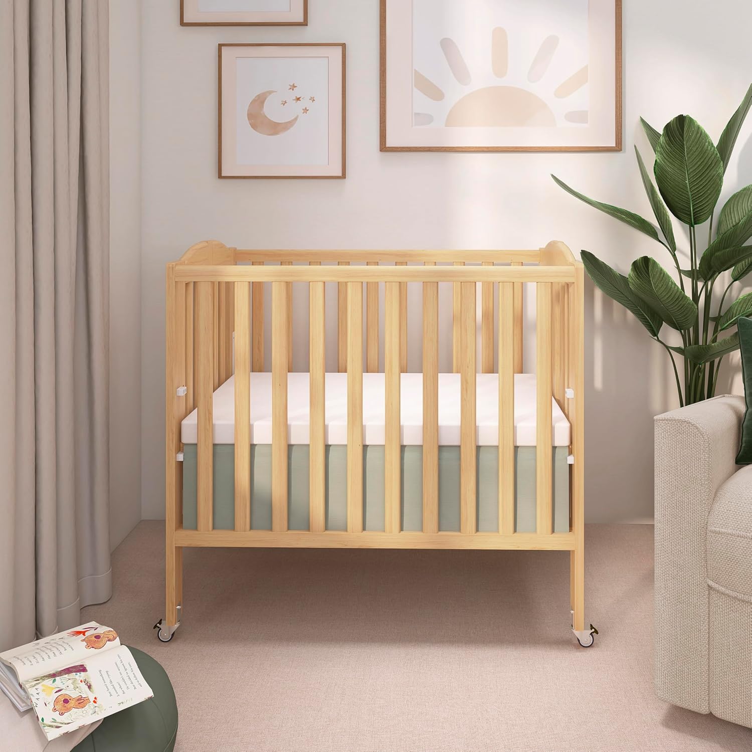 Dream On Me 3-in-1 Portable Folding Stationary Side Mini Baby Crib in Natural & Mattress, GreenGuard Gold & BSA, Use as Changer & Playpen, Locking Wheels, 3 Mattress Heights, Extra Firm Mattress