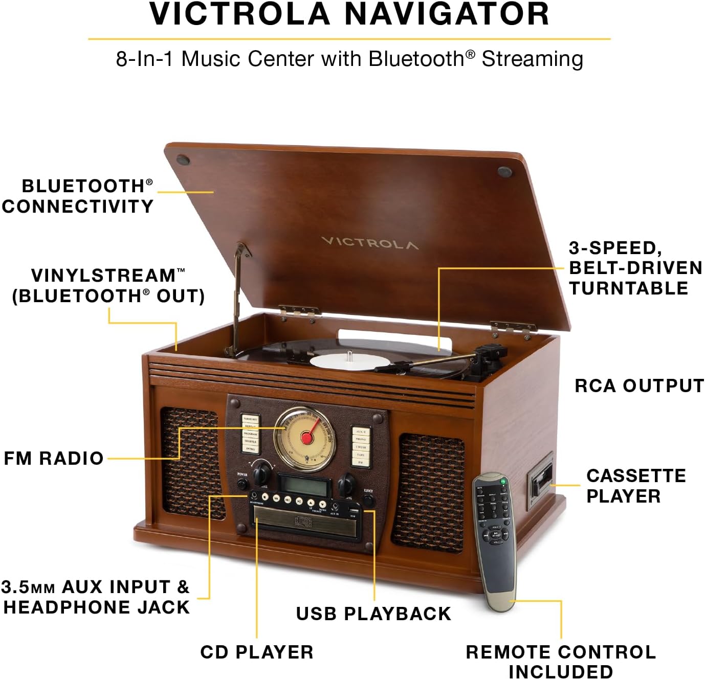 Victrola Navigator 8-in-1 Bluetooth Record Player with Built-in Speakers – 3 Speed, CD Player, Cassette, FM Radio, USB, RCA Out, Headphone Jack, Wireless Music Streaming, Real Wood (Walnut)