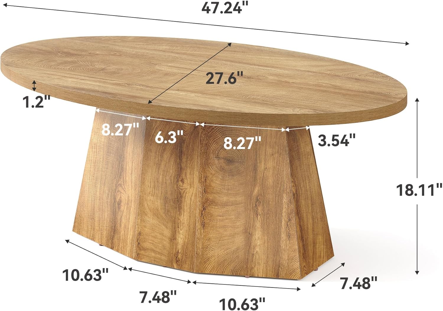 Oval Coffee Table, 47-Inch Living Room Table with Polygonal Pedestal, Modern Center Accent Furniture, Child-Friendly, Easy Assembly, Yellowish Brown