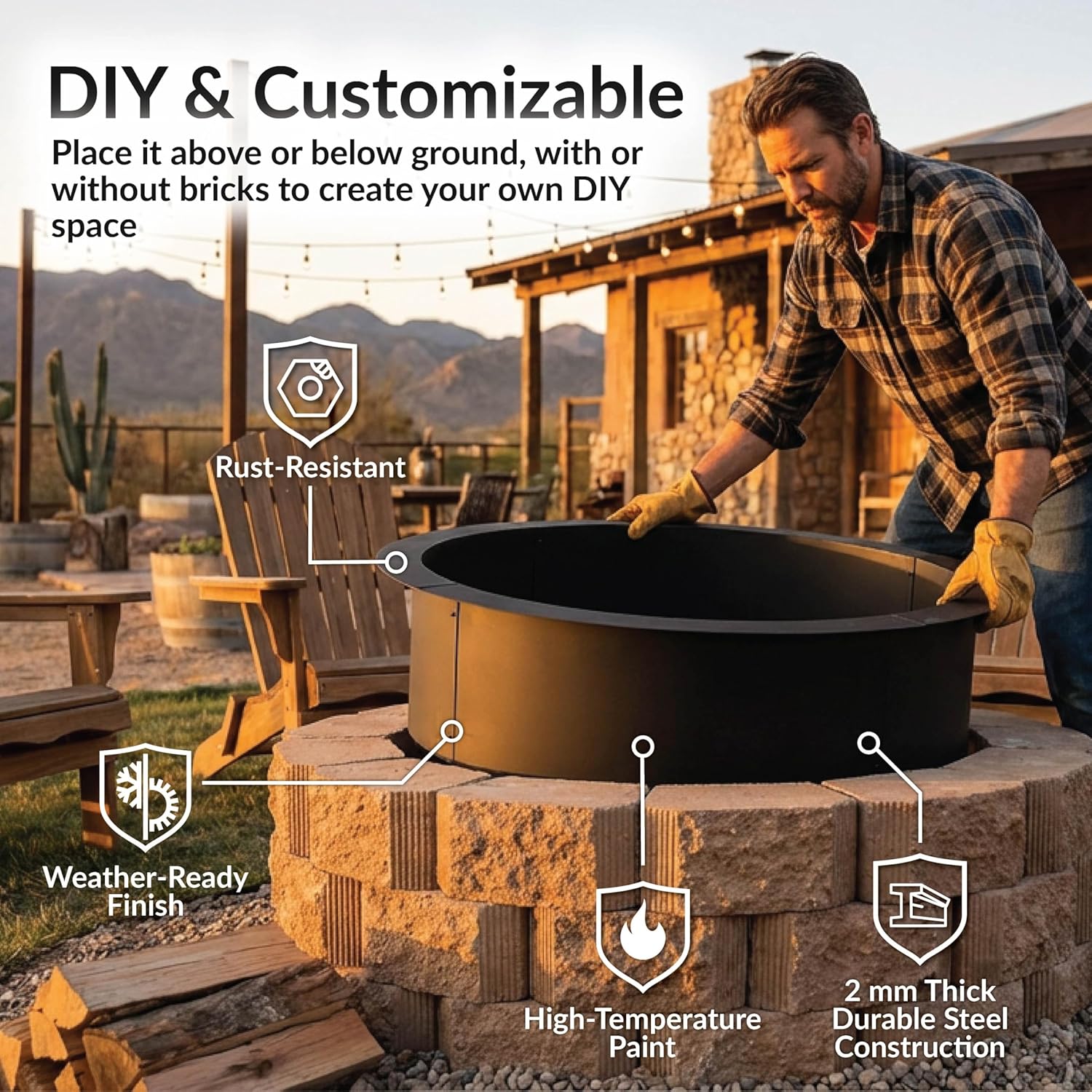 Sunnydaze Outdoor Fire Pit Ring - Heavy-Duty Round Steel Fire Ring Insert - DIY Above or In-Ground - 36-Inch Outer/30-Inch Inner Diameter