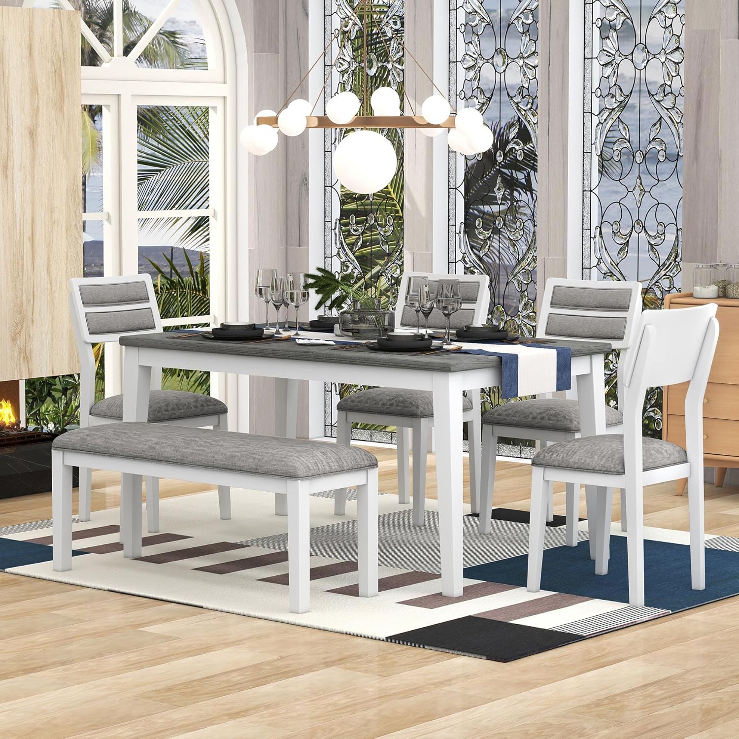 Harper & Bright Designs Kitchen Dining Table Set for 6, Classic and Traditional Style 6 Piece Kitchen Dining Table Set, 4 Upholstered Chairs & Bench (White+Gray)