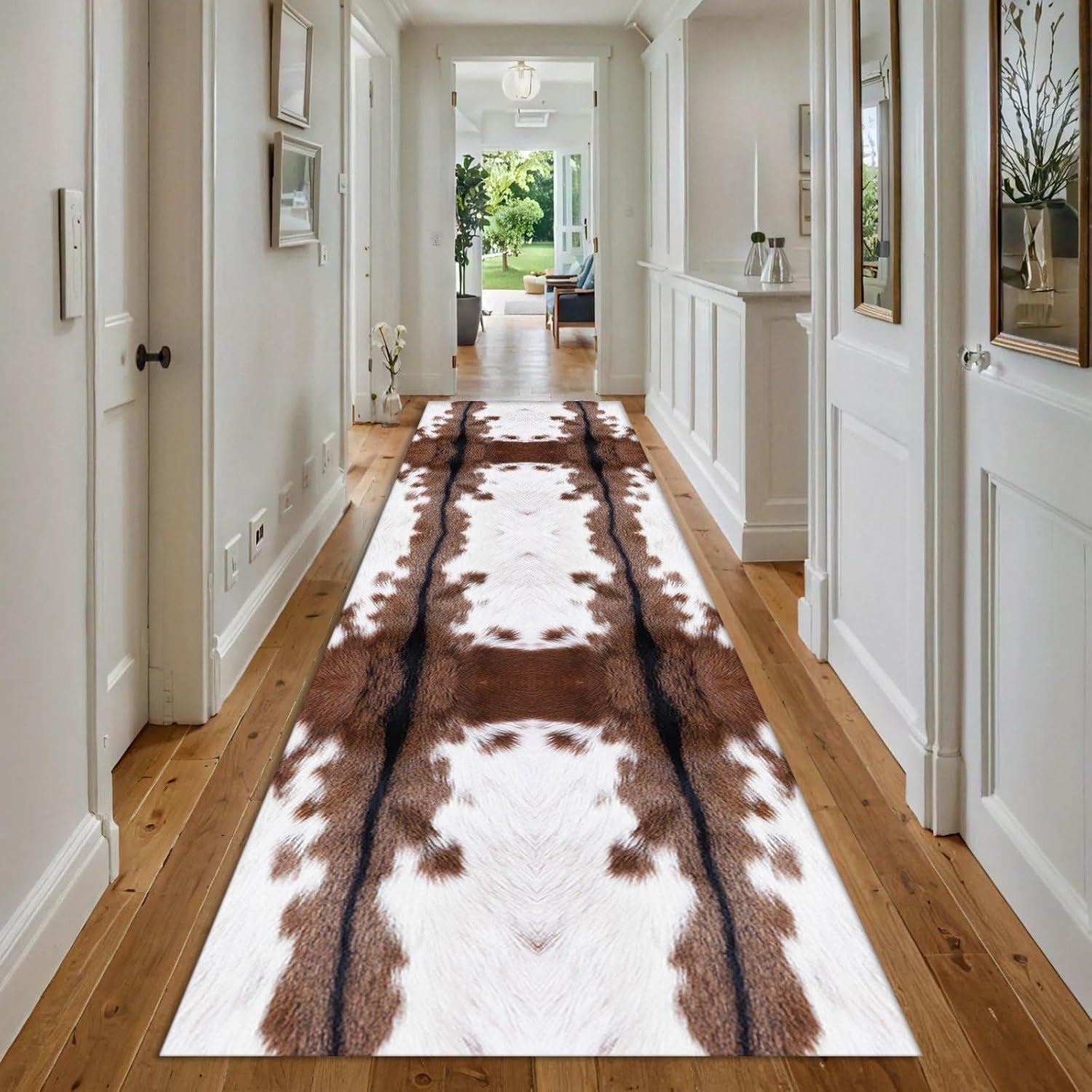4x12ft Cow Hide Long Runner Rugs,Black White Brown Cow Print Washable Rug Low Pile No Shedding Hallway Runners Western Decor Indoor Mats for Entryway Laundry Room