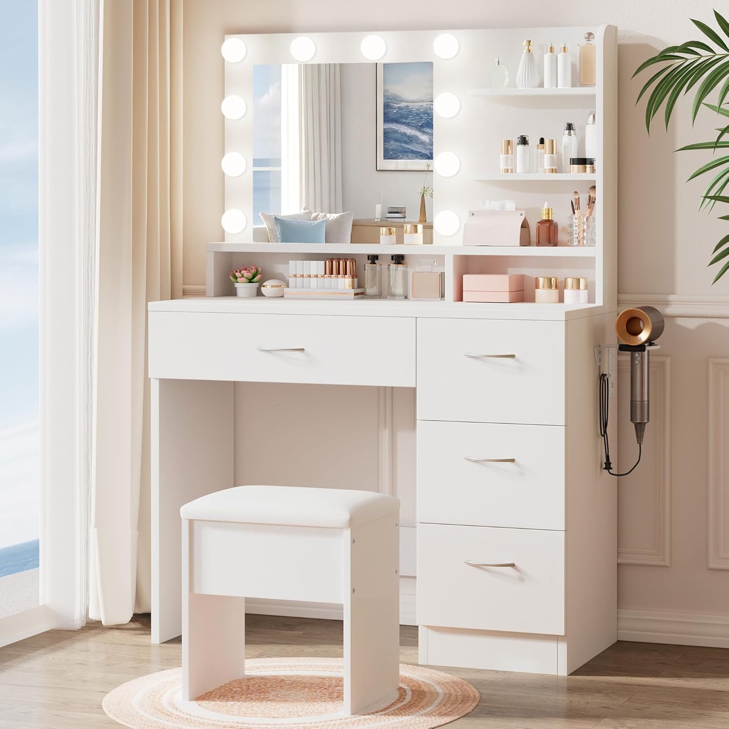 LIVELYGLOW White Makeup Vanity with HD Mirror & 10 LED Bulbs, 34.3
