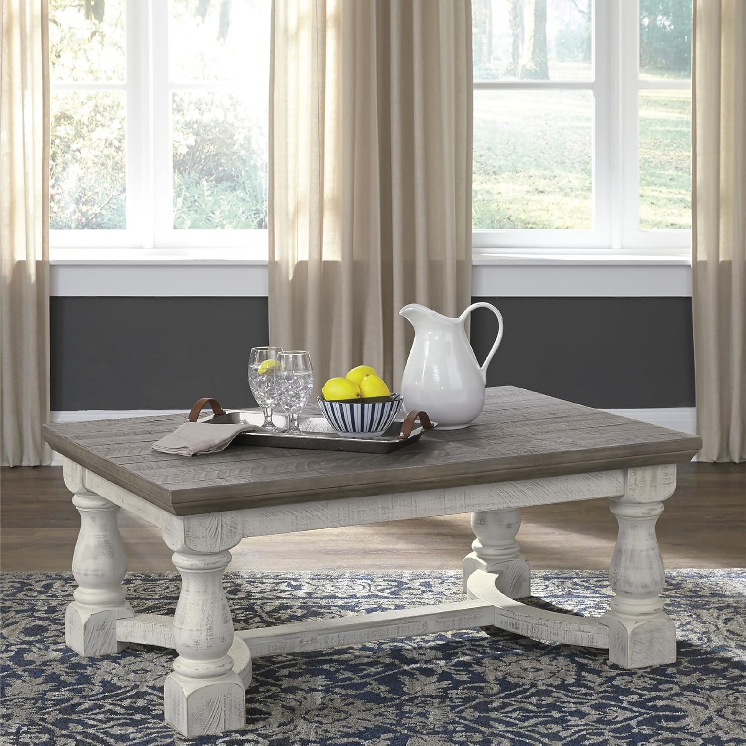 Signature Design by Ashley Havalance Farmhouse Rectangular Coffee Table, Gray & White with Weathered Finish