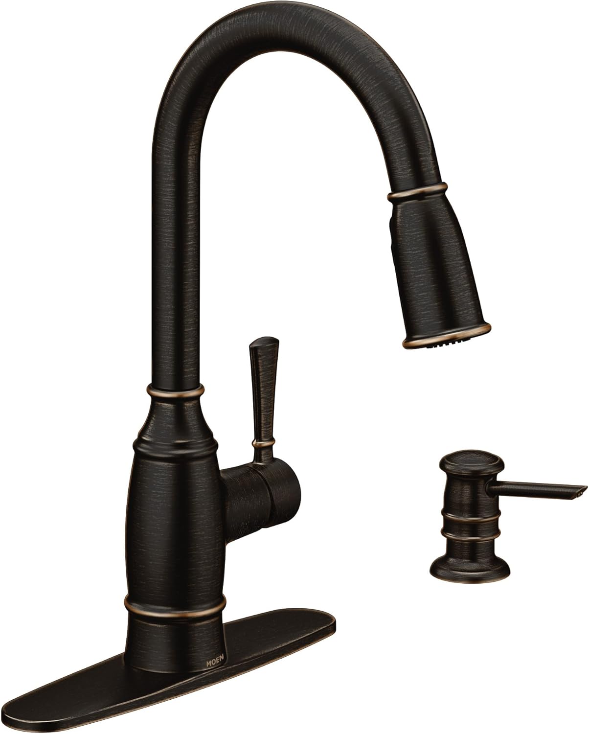 Moen Noell Mediterranean Bronze Pull‑Down Kitchen Faucet with Soap Dispenser, Featuring PowerClean and a Reflex Docking System, 87791BRB
