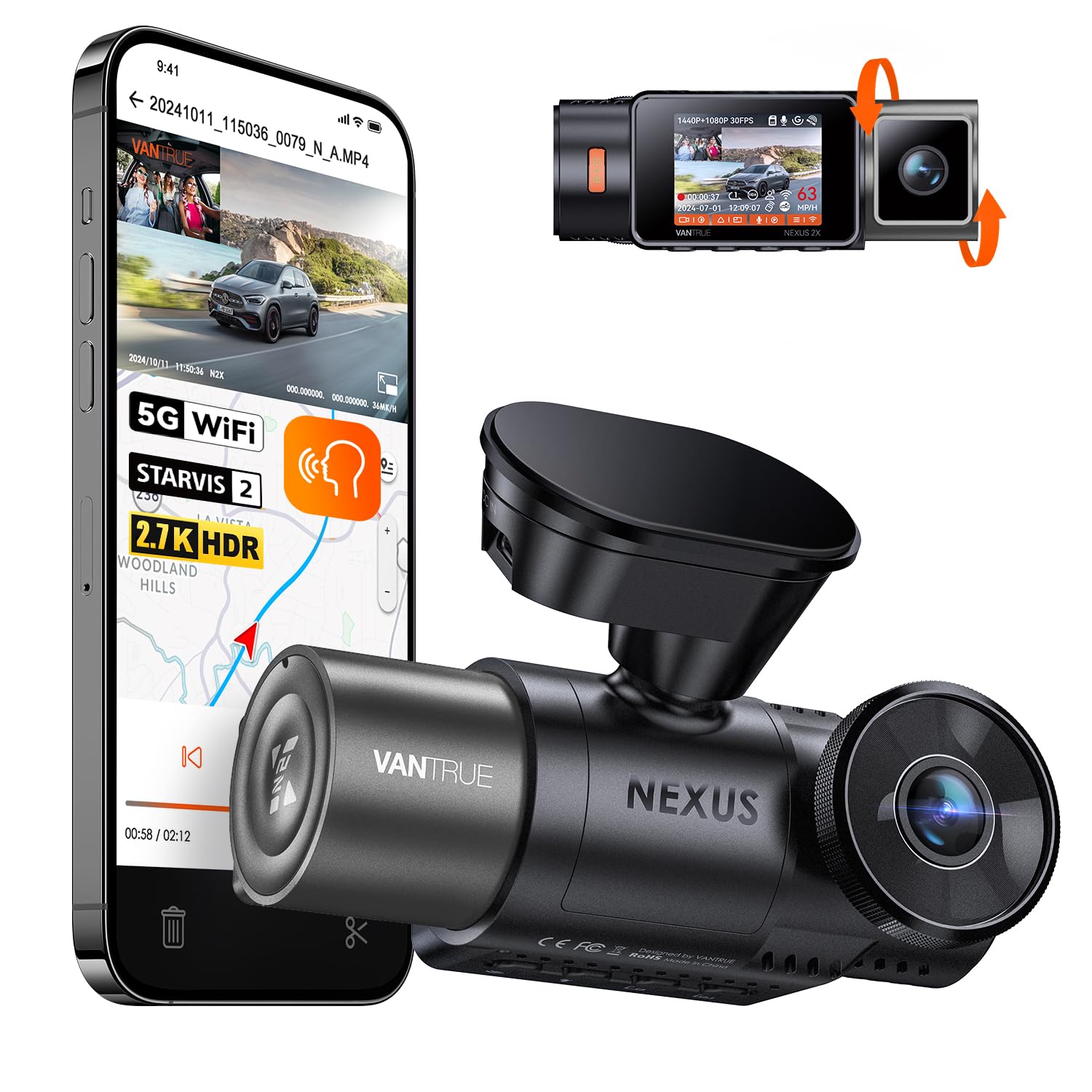 VANTRUE N2X 2.7K Dual Dash Cam with 5G WiFi and HDR Night Vision