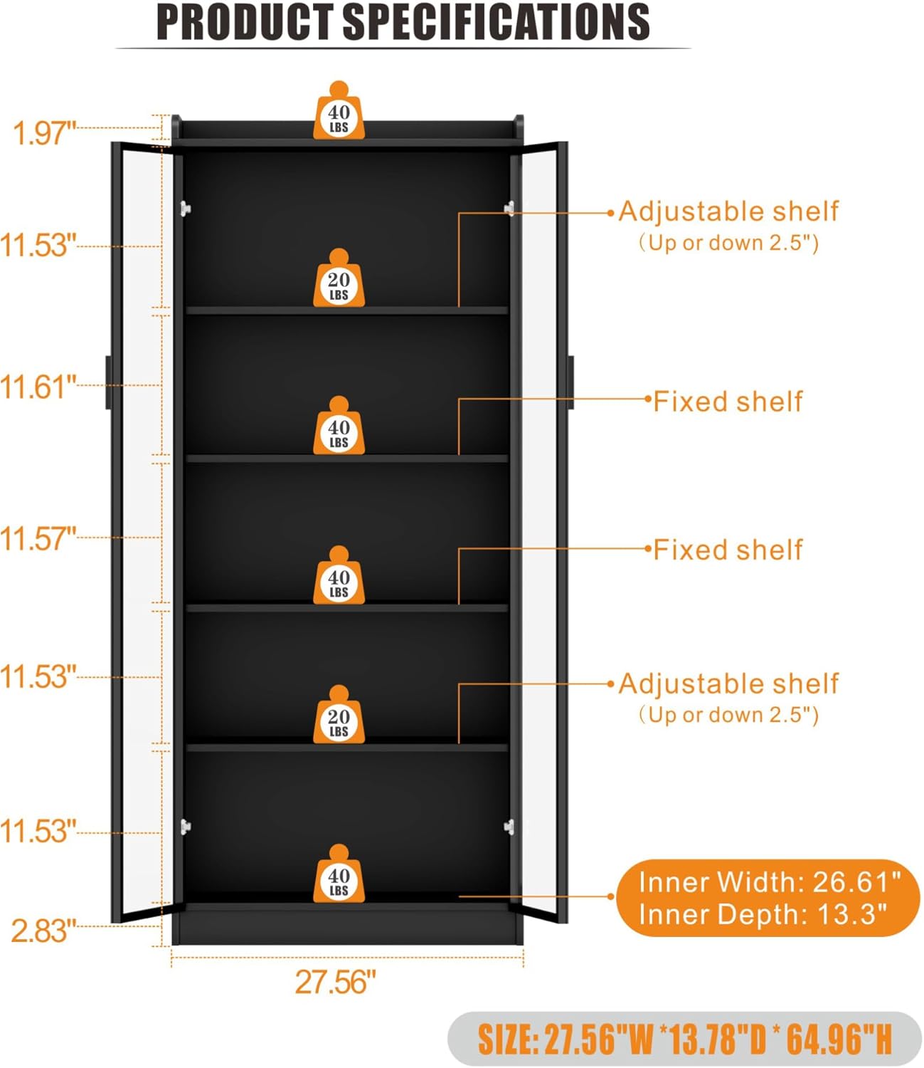 Dystler Display Cabinet with Doors and Adjustable Shelves, 65