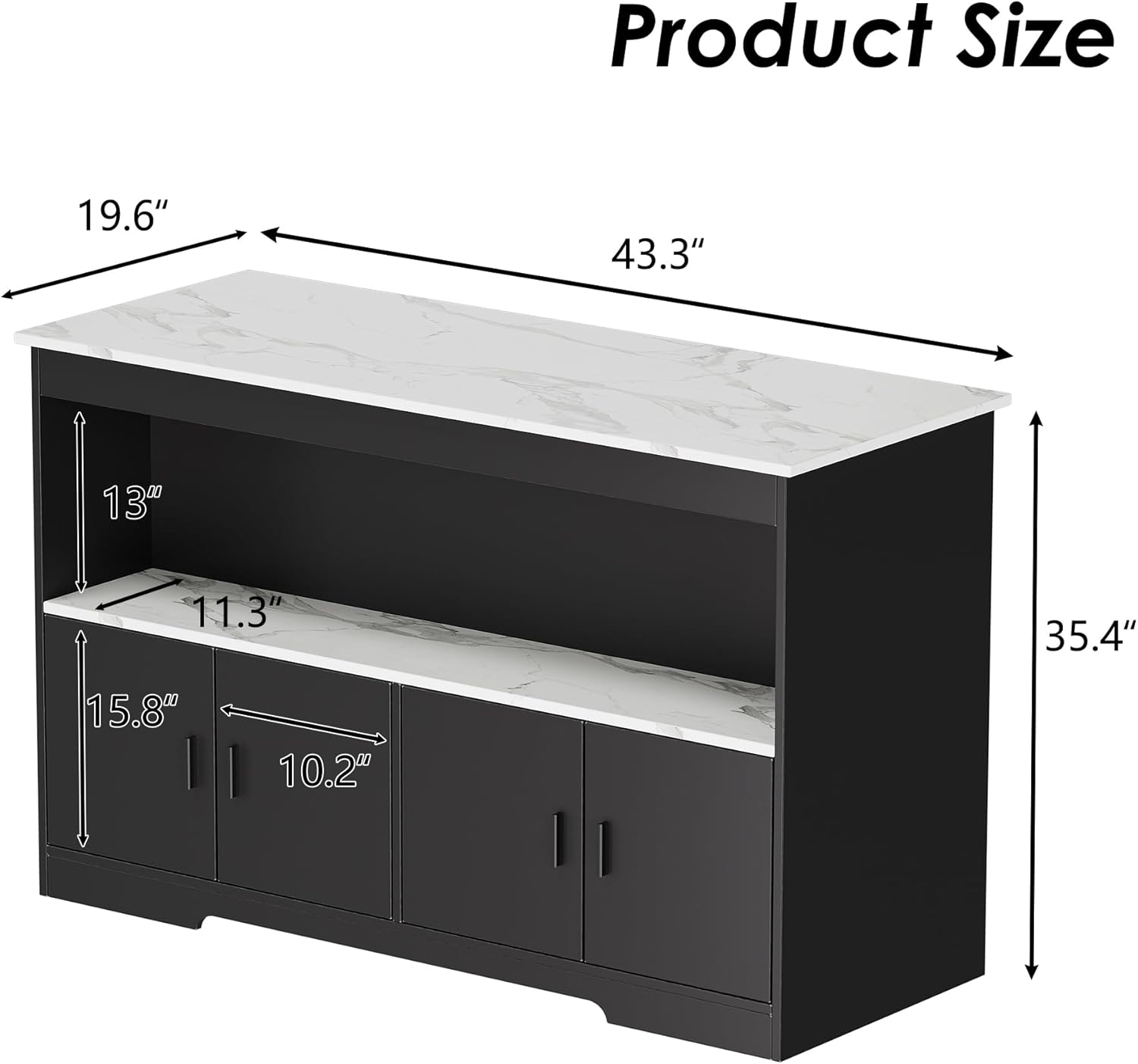 PAKASEPT 43'' Modern Kitchen Island with Storage,Imitation Marble Island Table with LED Lights & Cabinet for Kitchen, Dining Table for 4,Dining Room,Living Room,Home Bar,Black