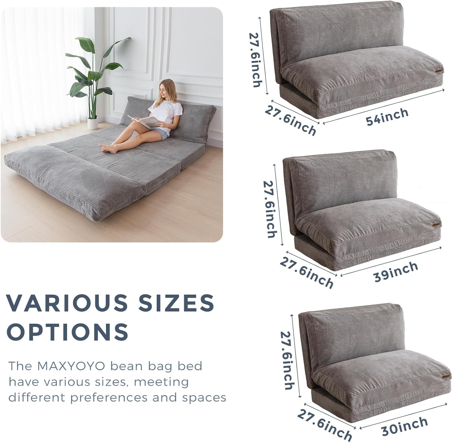 MAXYOYO Folding Sofa Bed, Floor Sofa Convertible Sleeper Chair with Washable Cover, Floor Couch Lounge Bean Bag Chair Bed for Living Room, Grey, 30x95 Inch