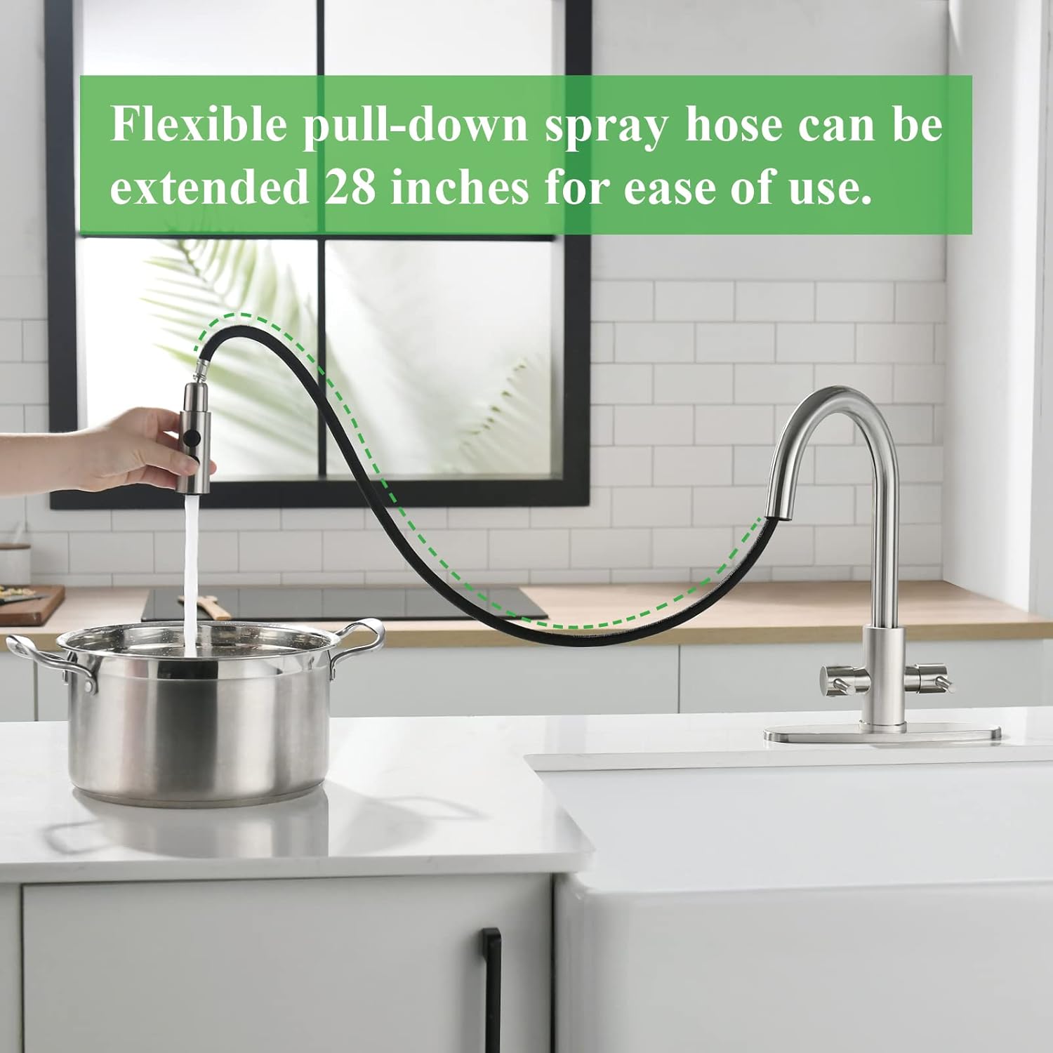 Kitchen Faucet, Two Handles Sink Faucet with Sprayer, Stainless Steel, Brushed Nickel, PB1045