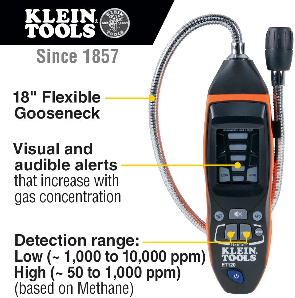 Klein Tools ET120 Gas Leak Detector, Combustible Gas Leak Tester with 18-Inch Gooseneck Has Range 50-10,000 ppm, Includes Pouch, Batteries