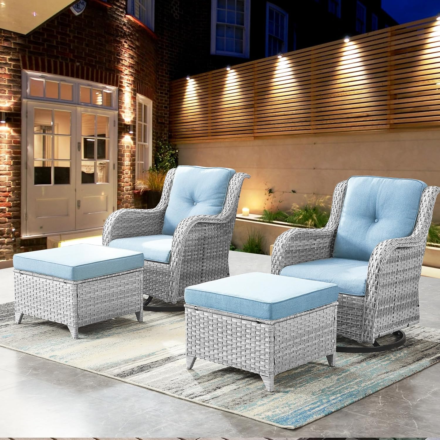 4 Piece Patio Swivel Rocker Furniture Set: Outdoor Swivel Glider Wicker Chairs with Ottomans, All Weather Rattan Outdoor Furniture Rocking Seating Set for Porch Balcony, Light Grey