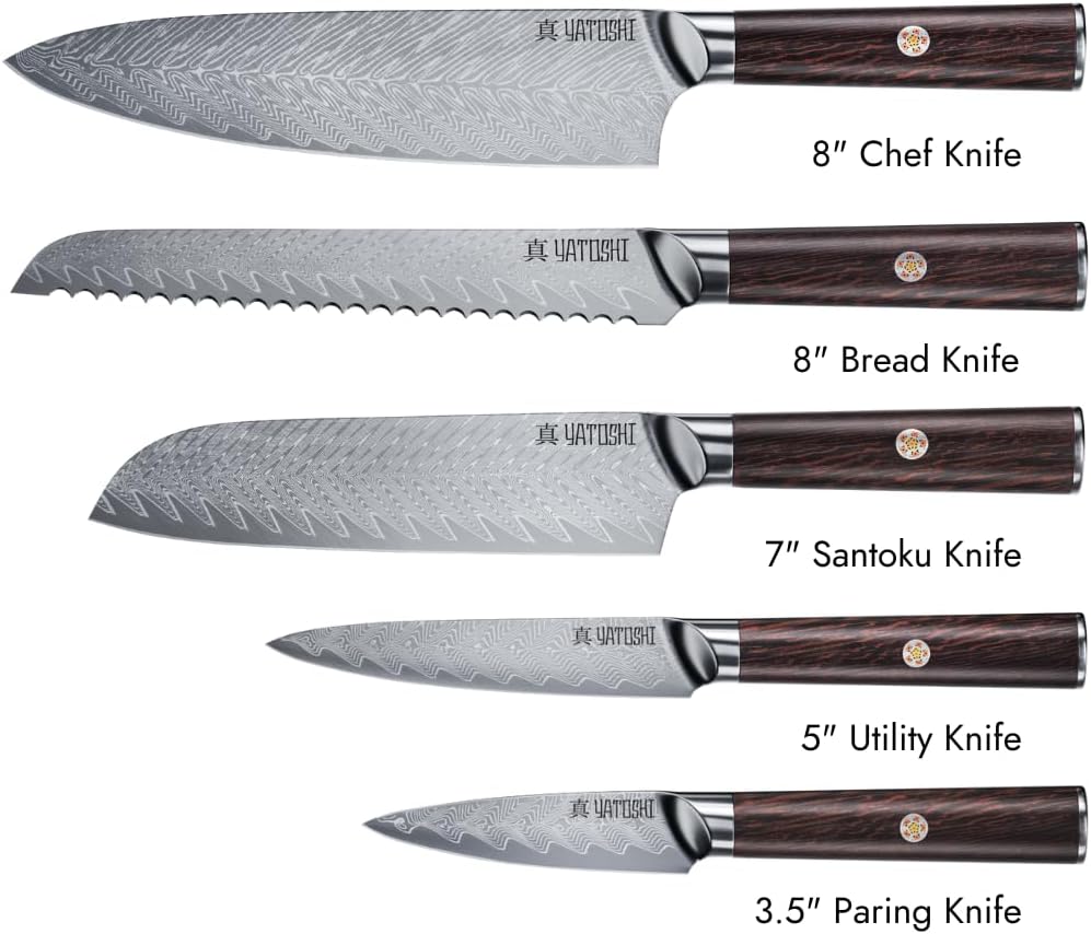 Yatoshi Knives Magnetic Kitchen Knife Block Set - Japanese 67 Layer High-Grade VG-10 Steel Knives, Sharp, G10 Handle Professional Kitchen Knife Set - Damascus (6 pieces), Brown Pakkawood Handles