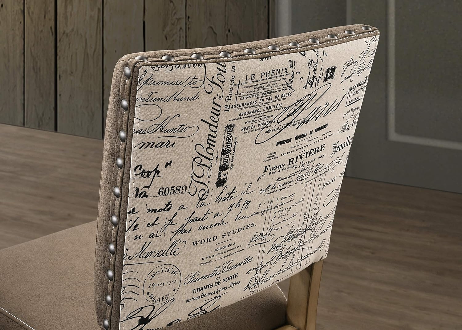 Roundhill Furniture Birmingham Script Printed Driftwood Finish Counter Height Dining Chair with Nail Head, Set of 2
