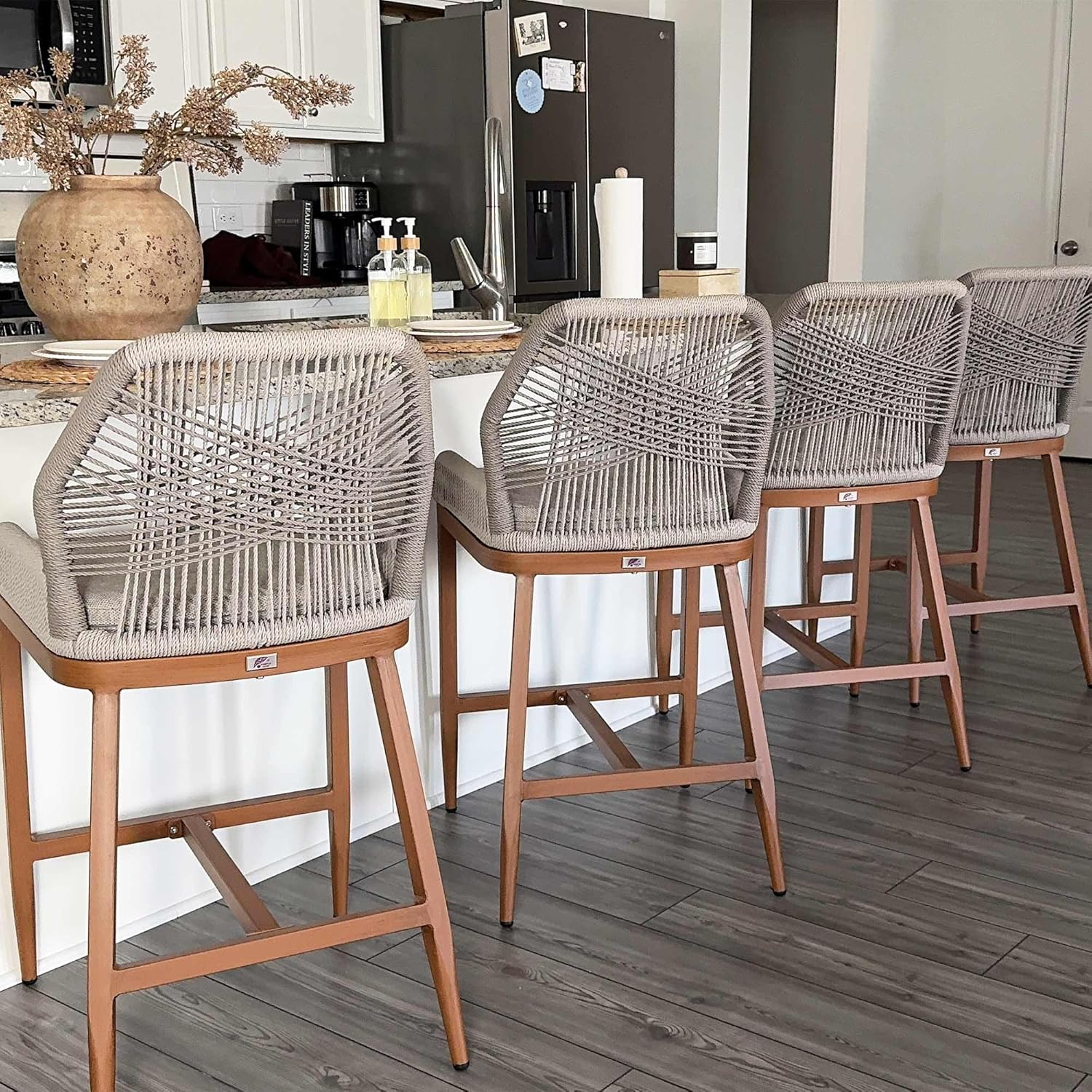 PURPLE LEAF Counter Height Bar Stools Set of 4 Rattan Chair Boho Wicker Metal Counter Stools with Back and Footrest Patio Seating Modern Garden Pool Outdoor Barstools