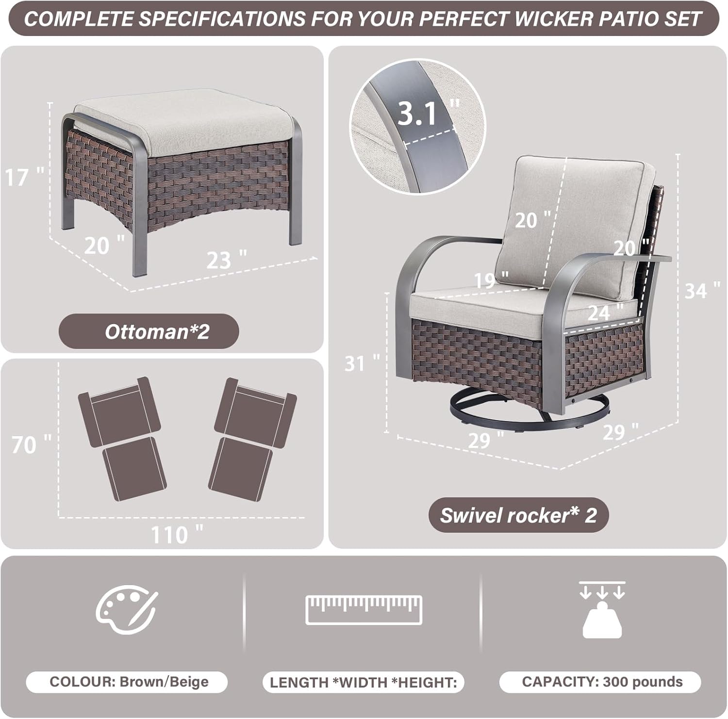 Belord 4 Pieces Patio Furniture Sets - Swivel Rocker Outdoor Chairs with Ottomans, All Weather Wicker Swivel Furniture Glider Seating Set for Porch Deck Backyard Sunroom Brown Wicker