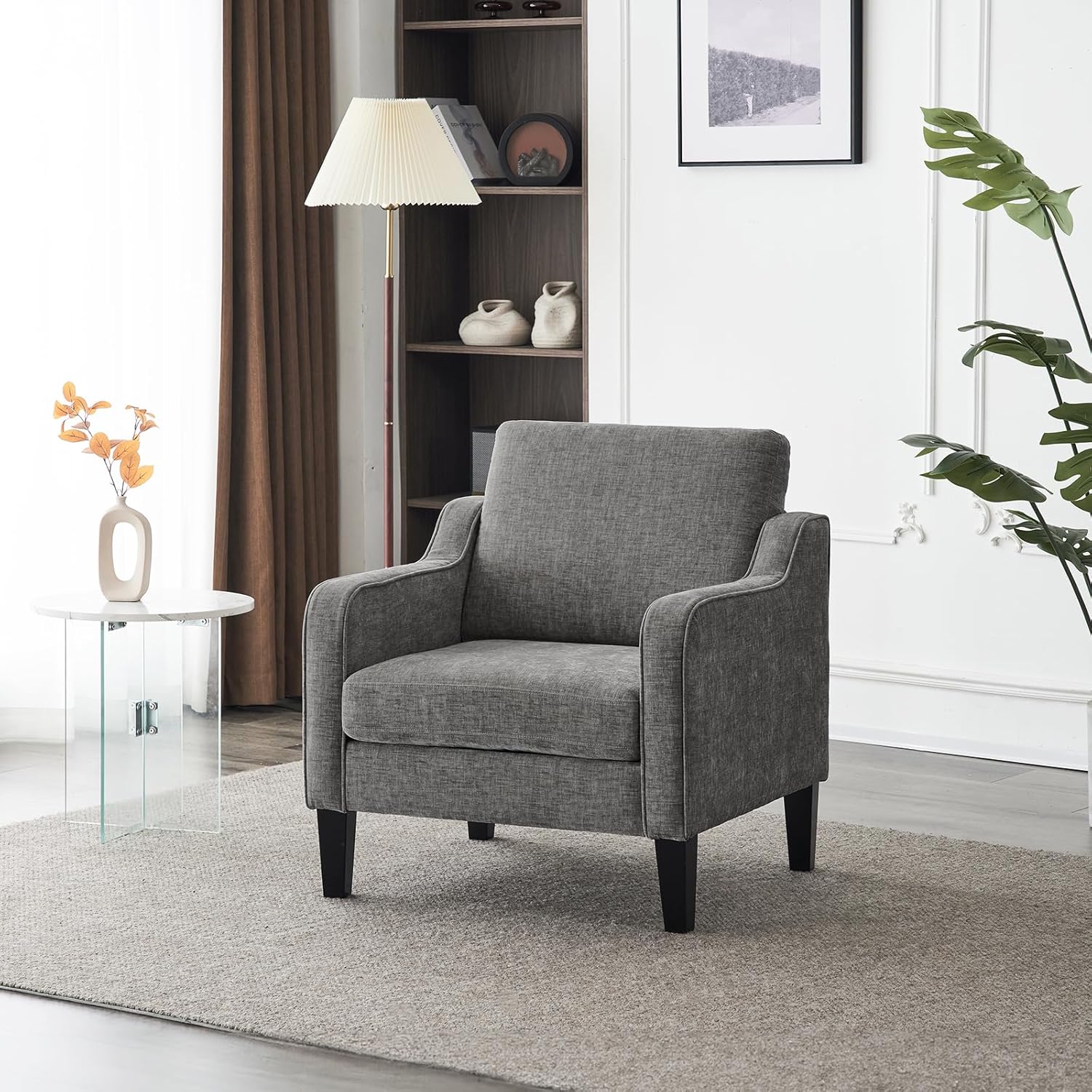 VINGLI Mid Century Modern Accent Chair - Soft Chenille Upholstered Comfy Armchair for Living Room, Bedroom, Home Office, Apartment, Studio (Light Grey)
