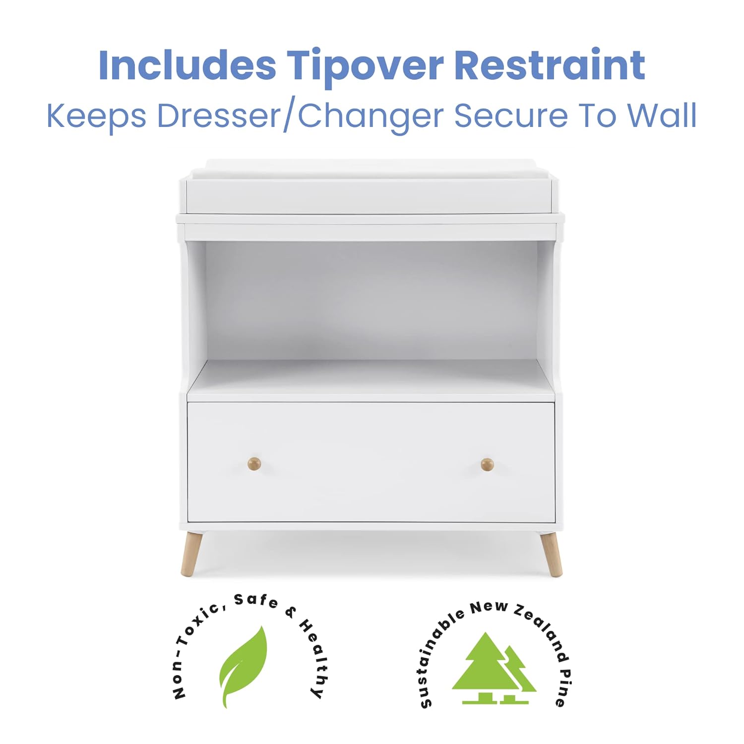 Delta Children Essex Convertible Changing Table with Drawer, Bianca White/Natural