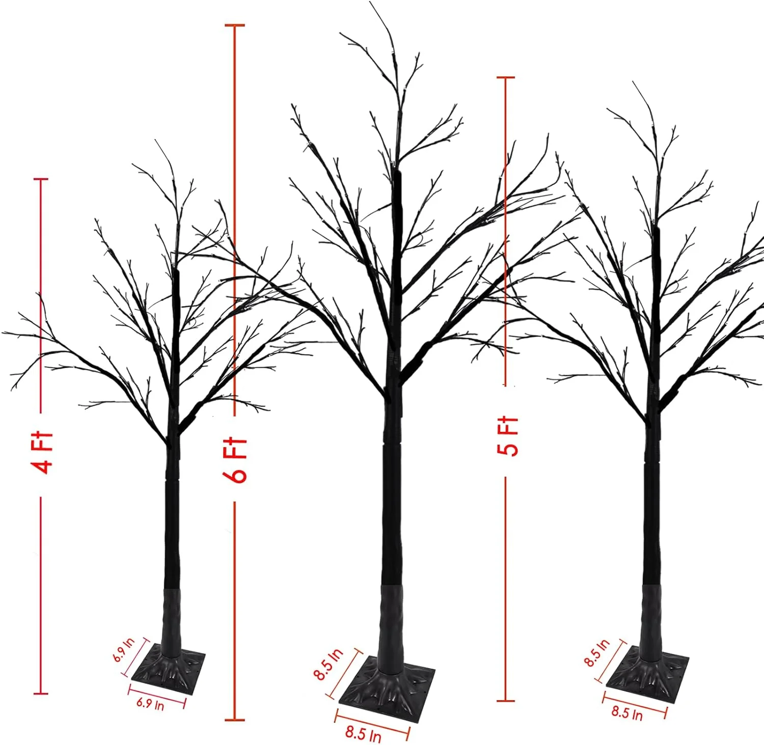 Set of 3 Glowing Black Halloween Trees with 96 LED Lights