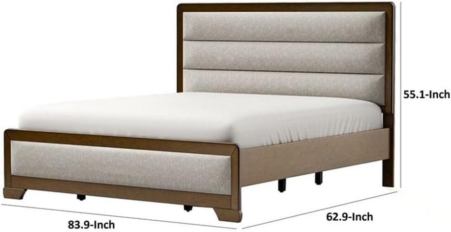 Pemberly Row Queen Bed with Channel Tufted Headboard, Light Gray Upholstered Fabric, Solid Wood Frame in Warm Brown, Sturdy Bracketed Legs, Includes Headboard, Footboard, Side Rails, Transitional