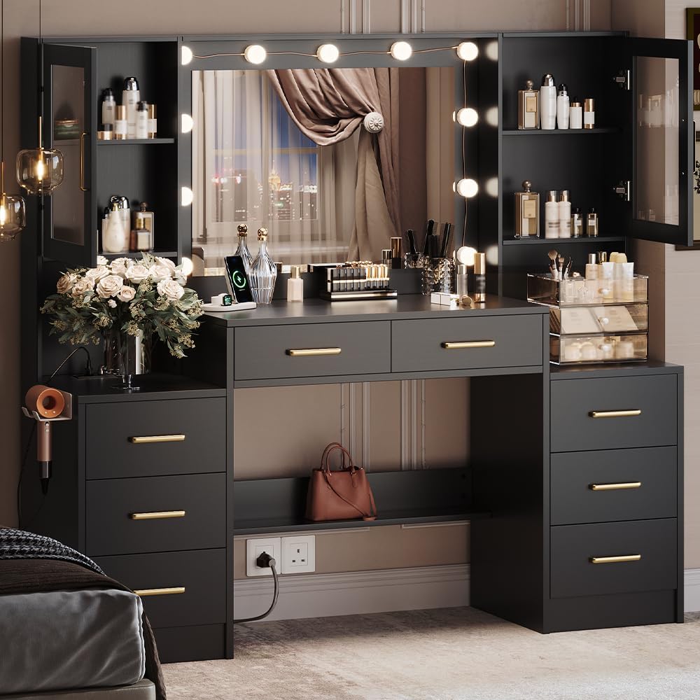 TOKSOM Black Vanity Desk with Mirror, Lights & Charging Station, 58.3