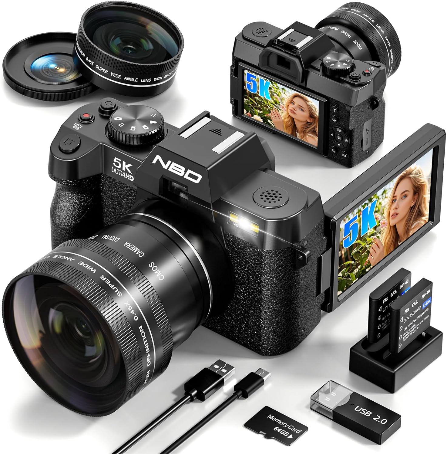 5K Digital Cameras for Photography 64MP - 16X Zoom, WiFi, with 64GB TF Card, Macro Lens & Wide-Angle, Autofocus & Anti-Shake, Vlogging Camera for YouTube Travel (Black)