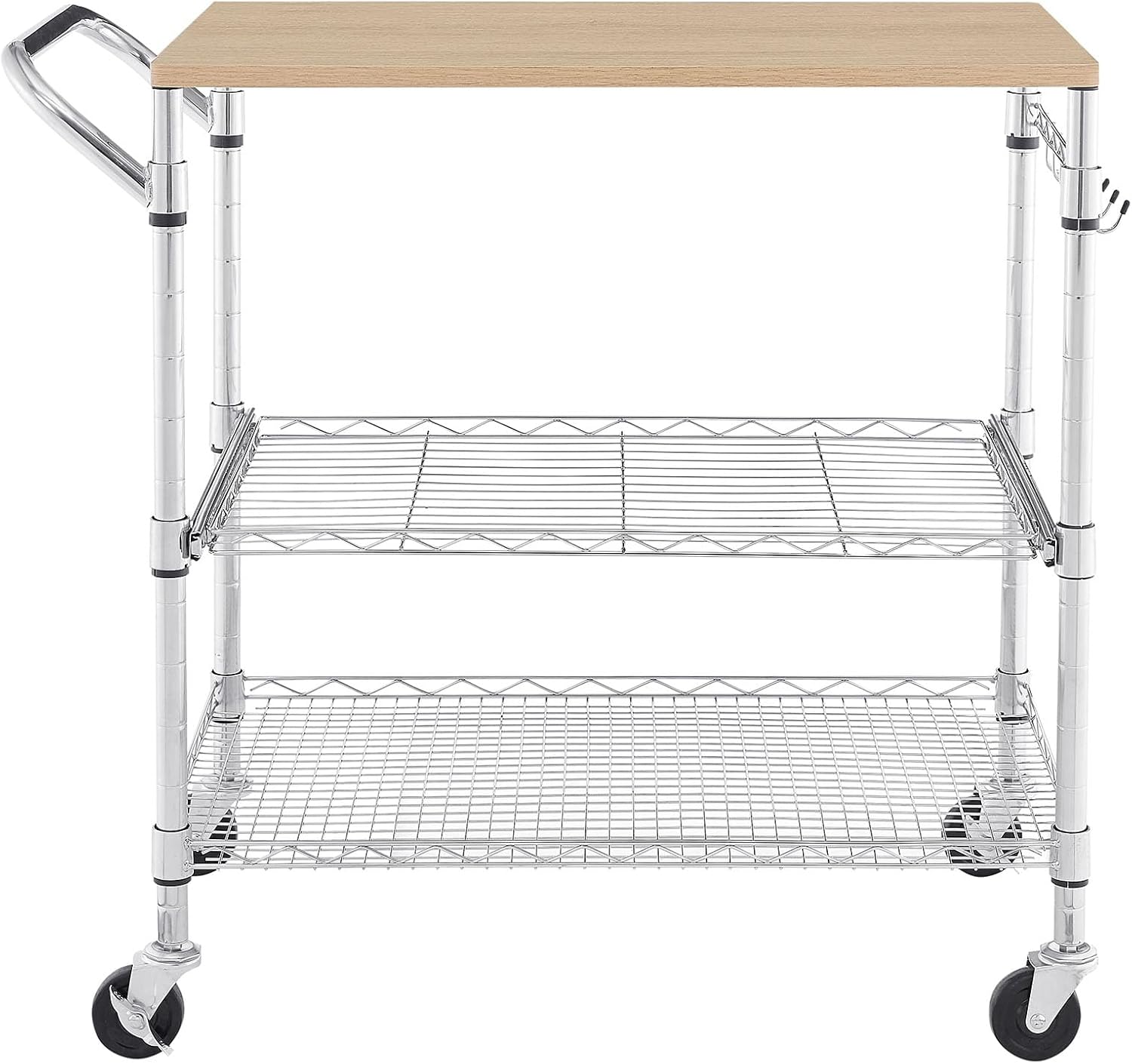 3 Tier Rolling Kitchen Cart with Wood Tabletop, Kitchen Island Carts with Wheels & Slider Shelf, Microwave Cart on Wheels, Coffee Cart with Hooks, 35.4