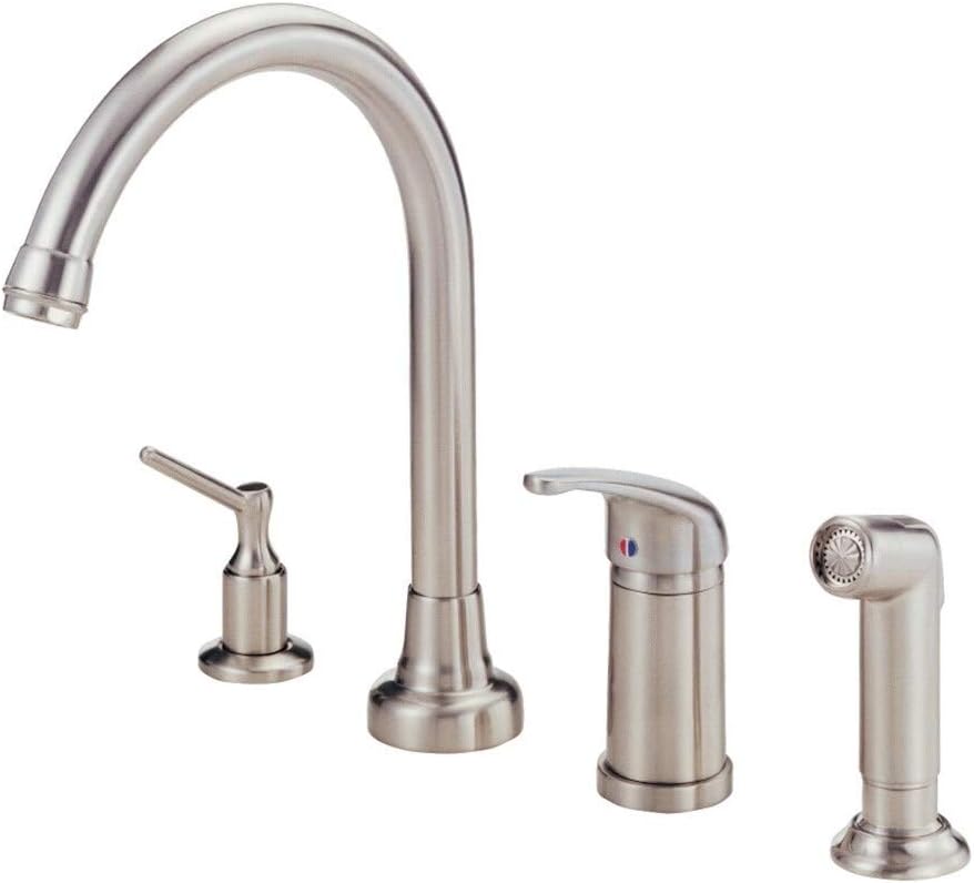 Gerber Melrose SKitchen Faucet with Side Spray and Soap Dispenser - Transitional 4-Hole Single Handle Kitchen Sink Faucet, Swivel Spout, Heavy-Duty Brass, Stainless Steel Finish