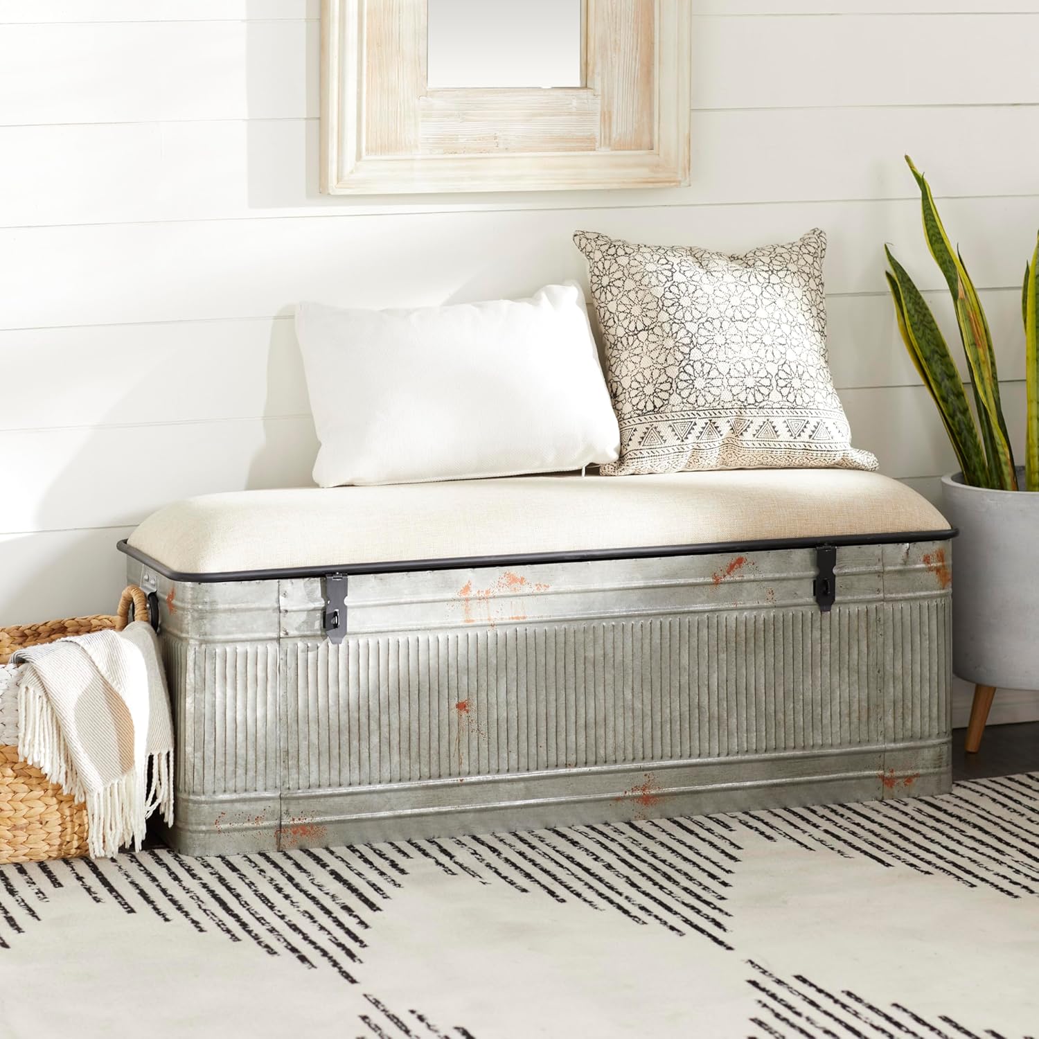 Deco 79 Metal Room Storage Bench Galvanized Entryway Bench with Cream Burlap Top, Bench 50