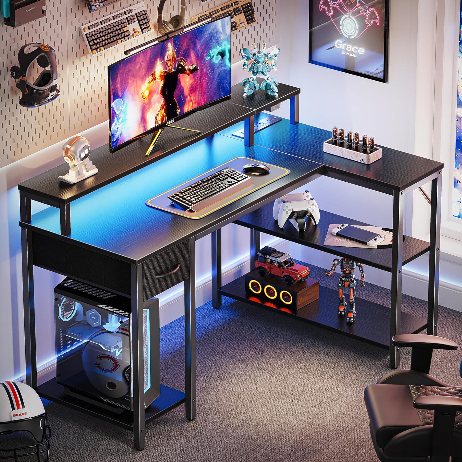 SUPERJARE 47 inch L Shaped Gaming Desk with LED Lights & Power Outlets, Reversible Computer Desk with Shelves & Monitor Stand, Corner Desk with Drawer, for Home & Office, Black