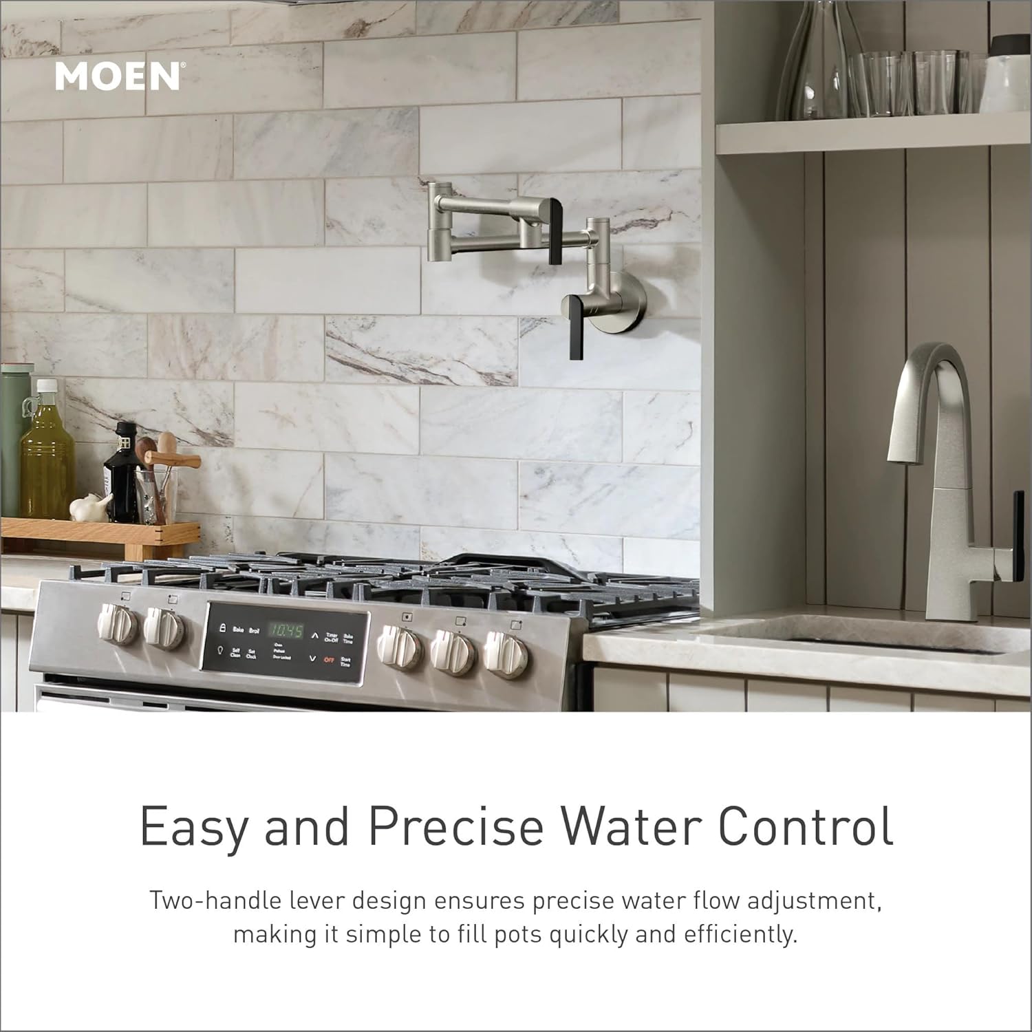Moen Matte Black Modern Wall Mount Folding Swing Arm Pot Filler, Double Jointed Kitchen Stove Faucet, S665BL