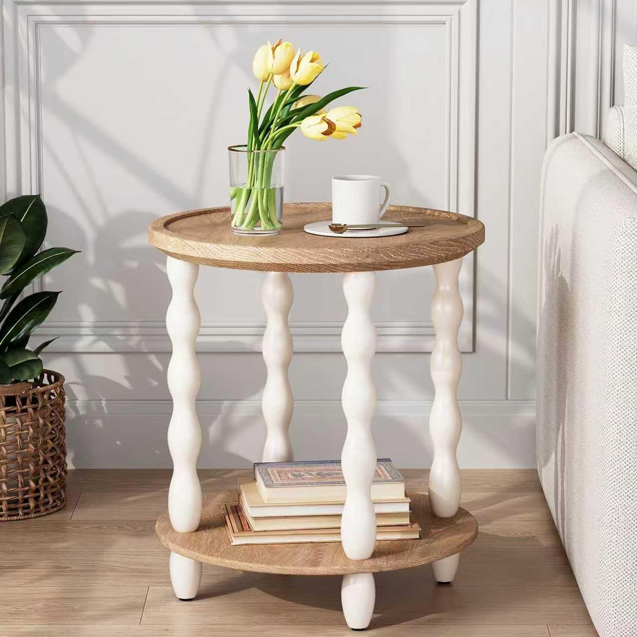 Round End Table, 2-Tier Farmhouse End Table, 18.5'' Handcrafted Weathered Look Wooden Nightstand, Pine Leg, Small Side Tables for Living Room, Small Space, Bedroom, Boho, Easy Assembly, Cream Beige