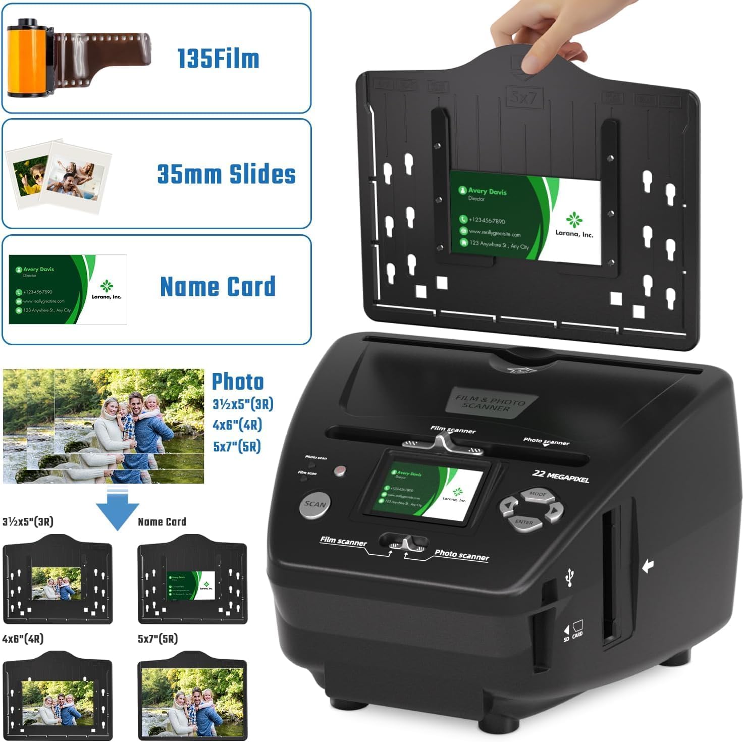 22MP Photo and Slide Scanner with 2.4” LCD Screen, All-in-One Digital Film Converter for 35mm/135 Negatives & Slides, 3R 4R 5R Print Photos and Business Cards, 4GB SD Card Included