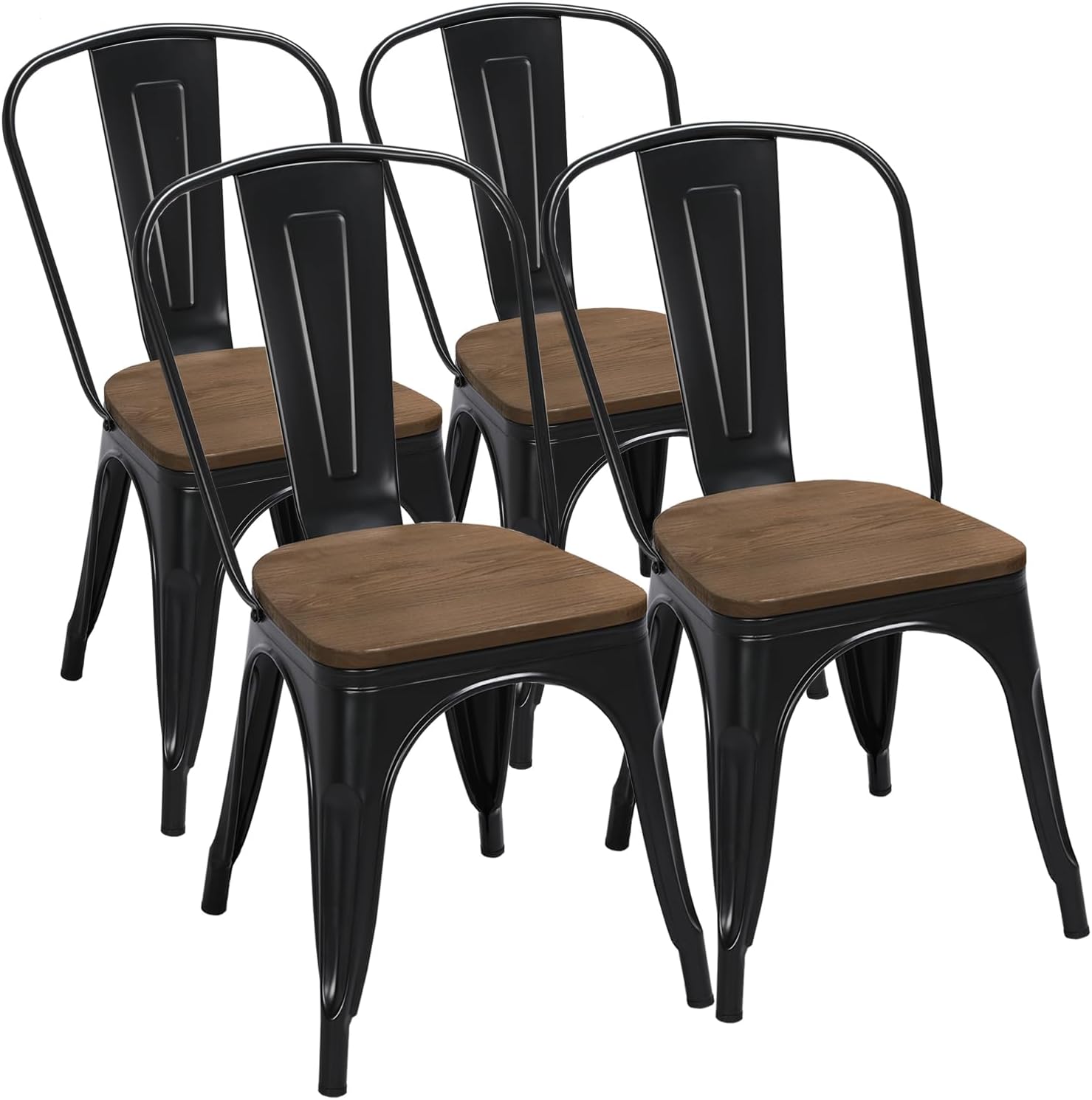 Yaheetech Metal Dining Chairs Set of 4, Industrial Stackable Kitchen Chairs with Wood Top Seat for Dining Room/Restaurant/Bistro/Patio, Indoor & Outdoor Use, Black