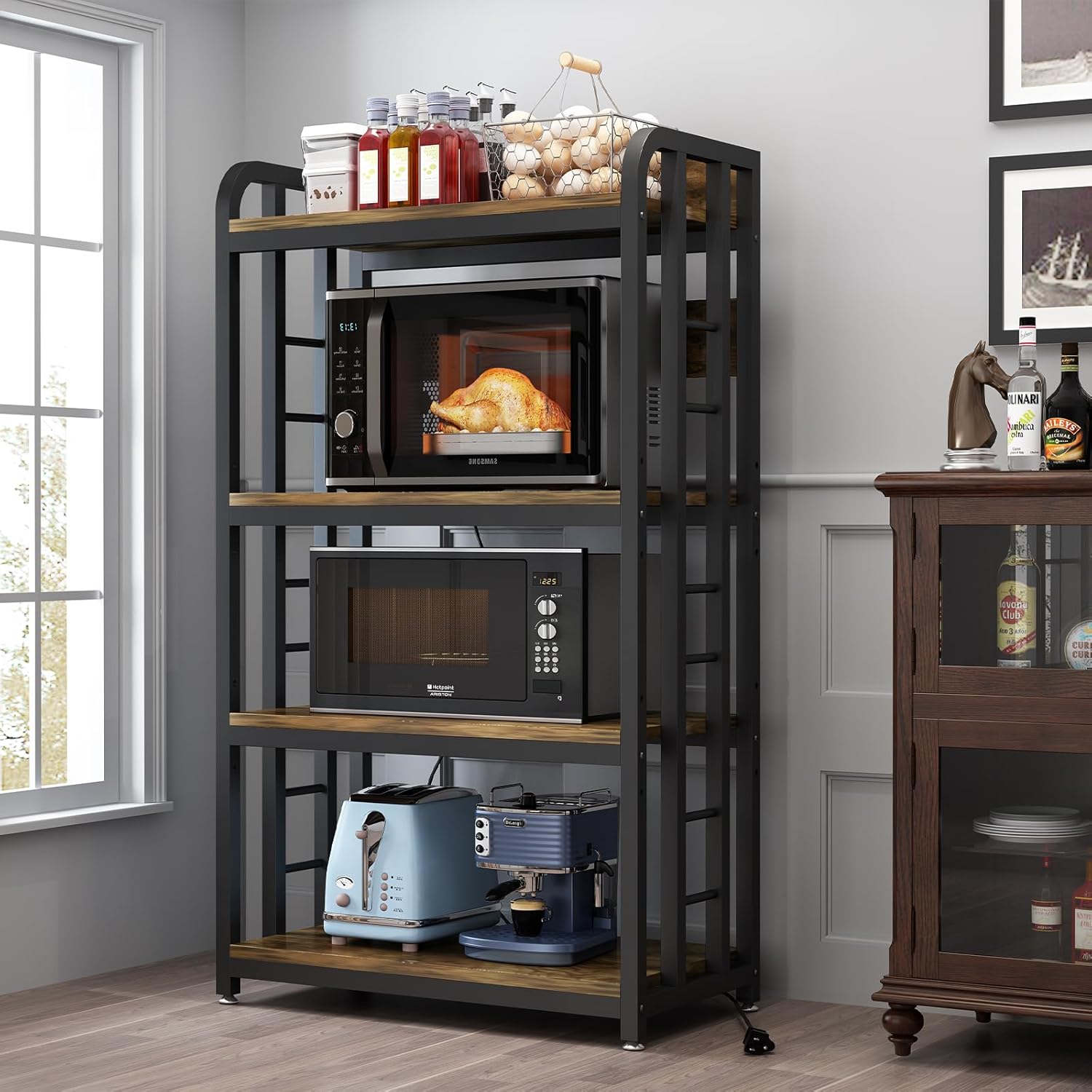 SIREDEEP Bakers Rack with Power Outlet  .4-Tier Kitchen Baker's Rack,Microwave Stand with Storage Suitable for Kitchen, Living Room, Dinning Room .Coffee Bar(Rustic Brown)