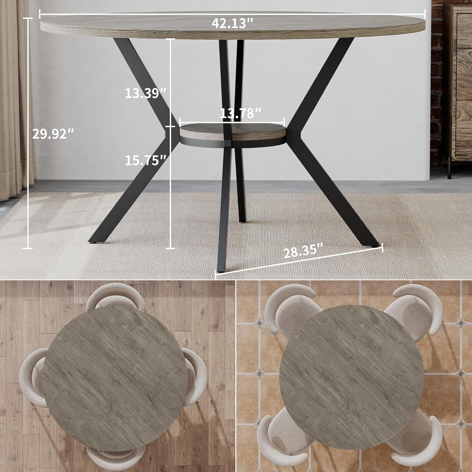 Round Dinner Table for 2-4, 42 Inch Kitchen & Dining Room Table with Storage, Wooden Circle Dining Table, Mid Century Modern Dining Table with Metal Legs for Kitchen, Living Room, Dining Room, Grey