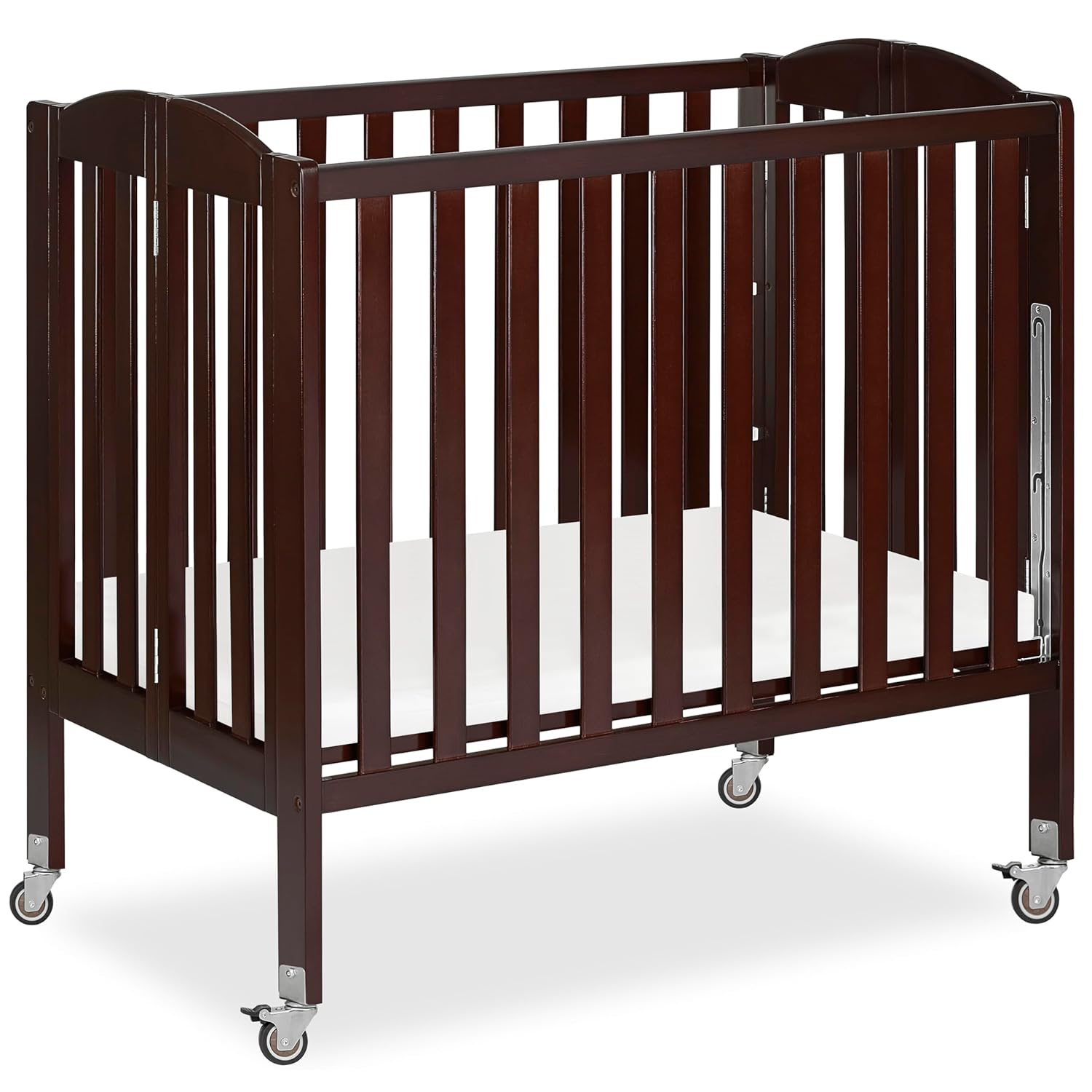 Dream On Me 3-in-1 Portable Folding Stationary Side Mini Baby Crib in Espresso & Mattress, GreenGuard Gold & JPMA, Use as Changer & Playpen, Locking Wheels, 3 Mattress Heights, Extra Firm Mattress