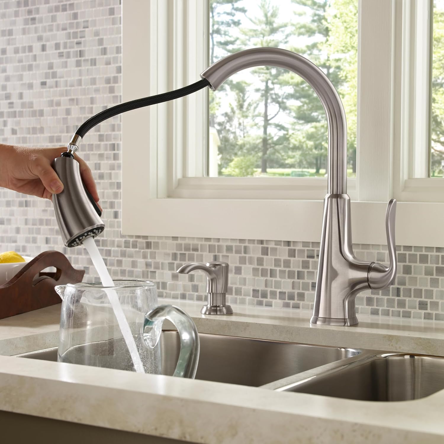 Pfister Pasadena Kitchen Faucet with Pull Down Sprayer and Soap Dispenser, Single Handle, High Arc, NSF Certified, Stainless Steel Finish, F5297PDS