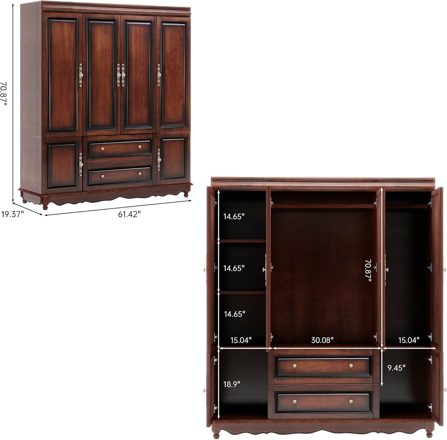 Solid Wood Armoire Wardrobe Closet with Cherry Finish, 61.42