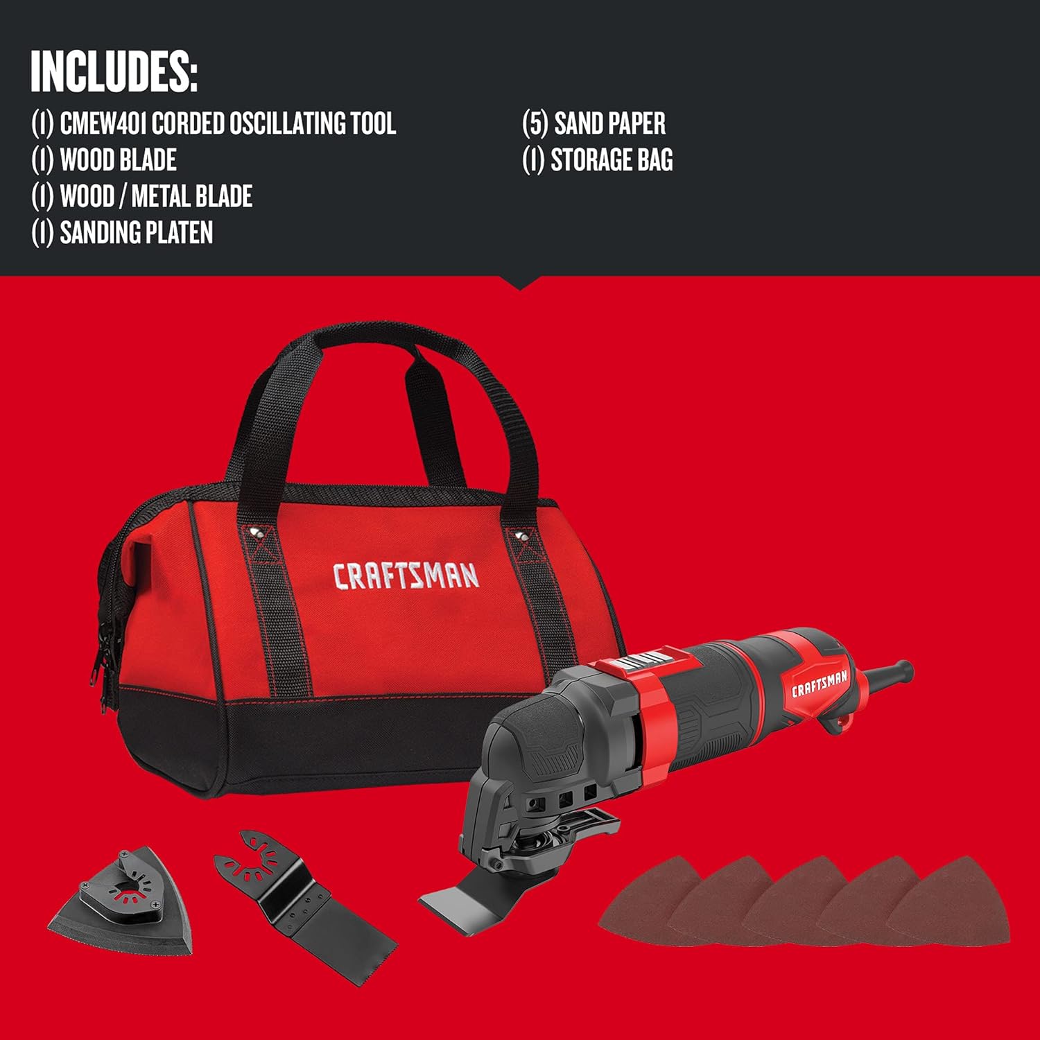 CRAFTSMAN Oscillating Tool, 3-Amp, Includes Universal Tool-free Accessory System, Blades, Sandpaper and Tool Bag, Corded (CMEW401)