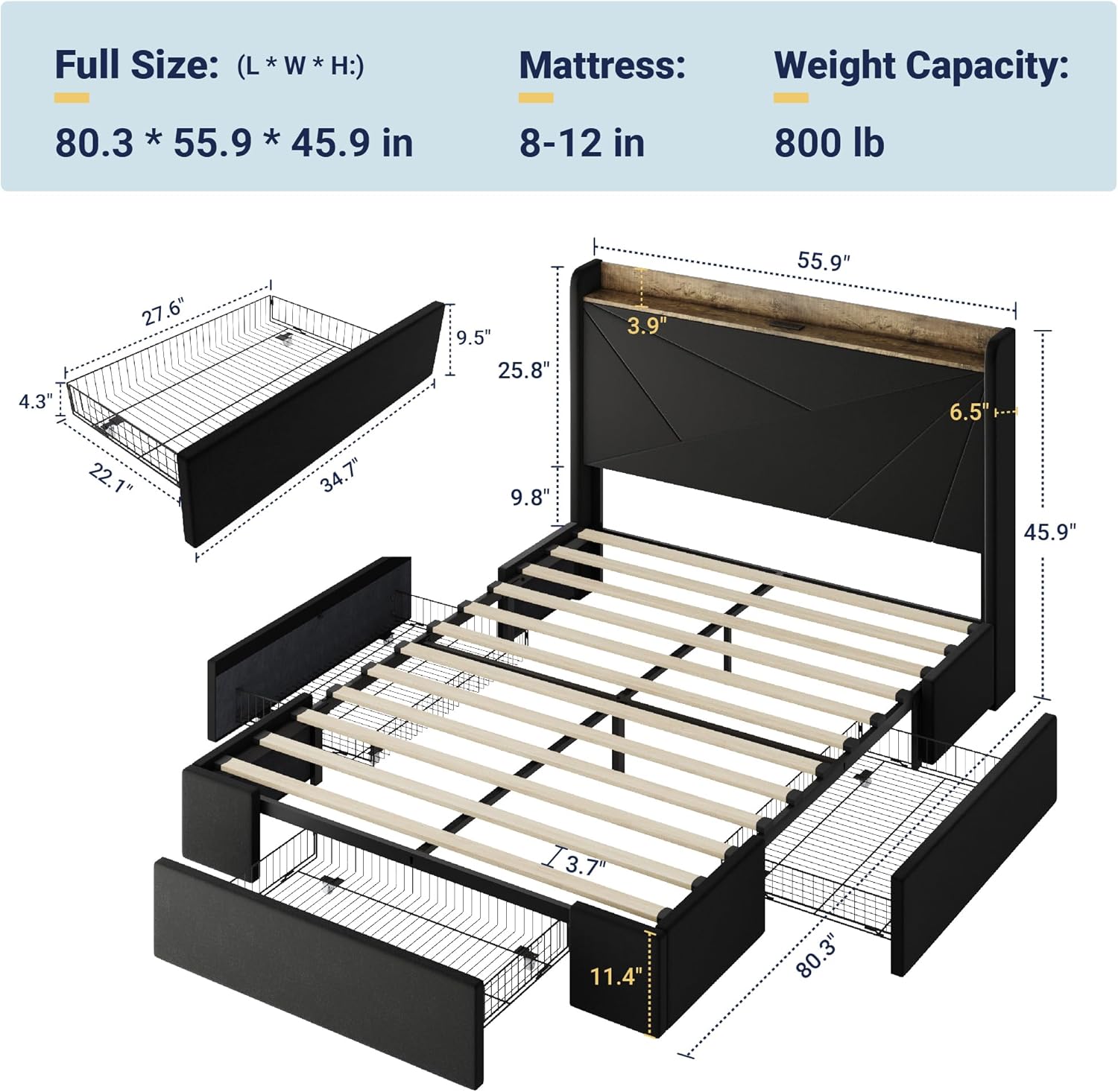 Allewie Full Size Velvet Bed Frame with 3 Storage Drawers, Upholstered Platform Bed with Wingback Storage Headboard and USB Ports, No Box Spring Needed, Easy Assembly, Black