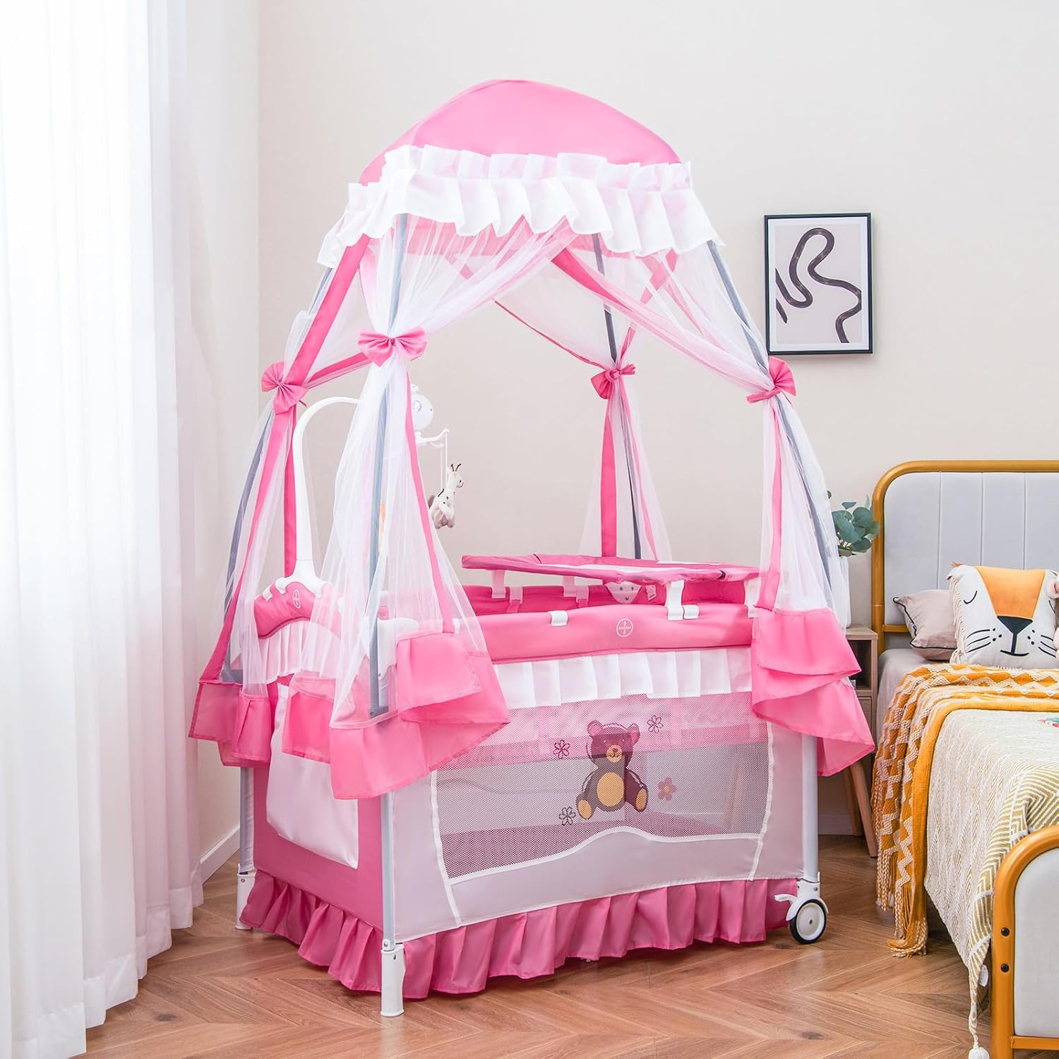 HONEY JOY 4-in-1 Pack and Play with Canopy, Portable Baby Playard w/Changing Table and Infant Bassinet, Cute Toys & Music, Foldable Bassinet for Newborn and Toddler (Hot Pink)
