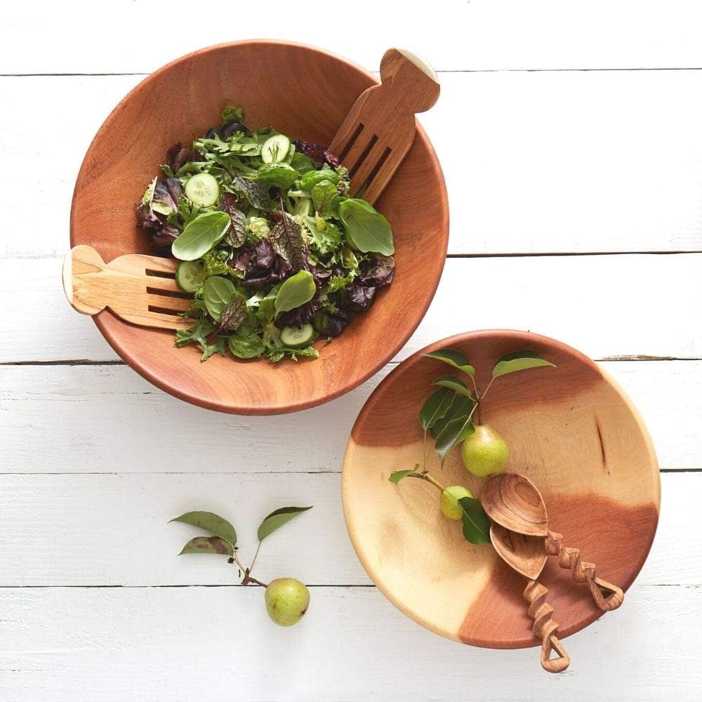Wooden Salad Bowl for Serving, Beige to Brown Colors, Rustic Finish,15-16 Inch Wide